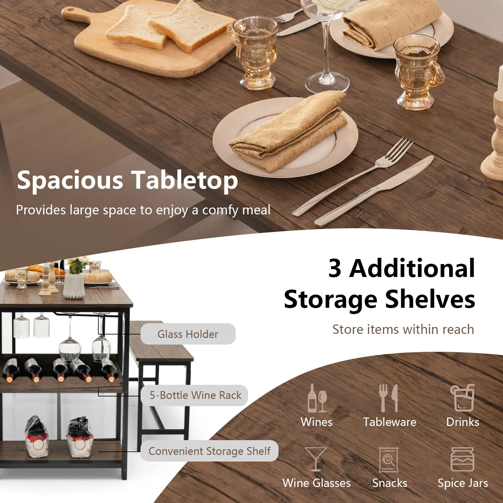3-Piece Dining Table Set For 4 With Wine Rack, Brown - Image 10
