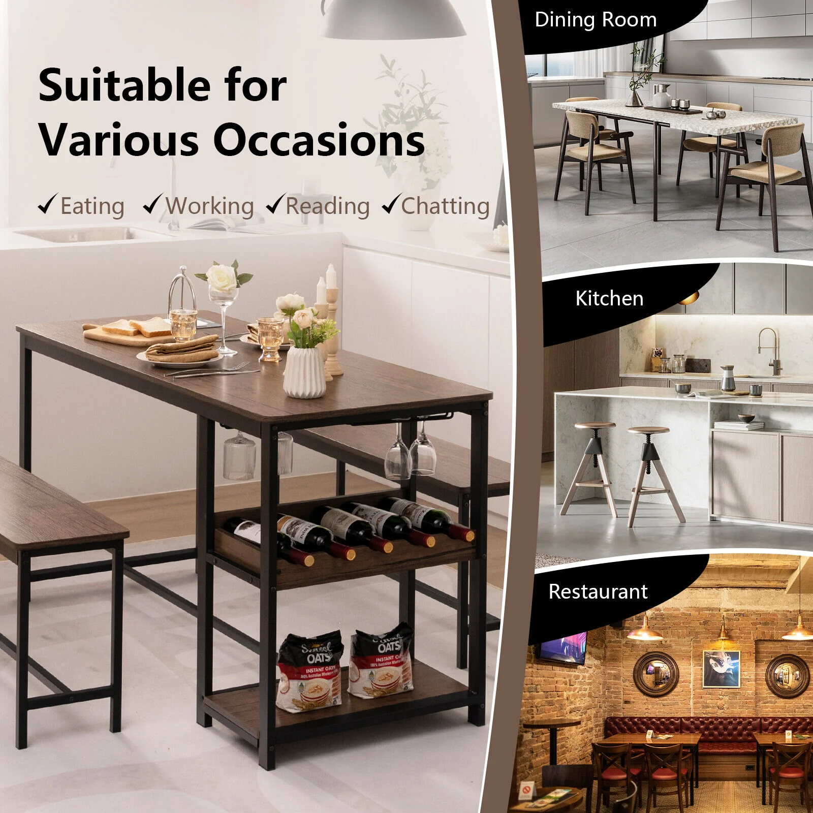 3-Piece Dining Table Set For 4 With Wine Rack, Brown - Image 3