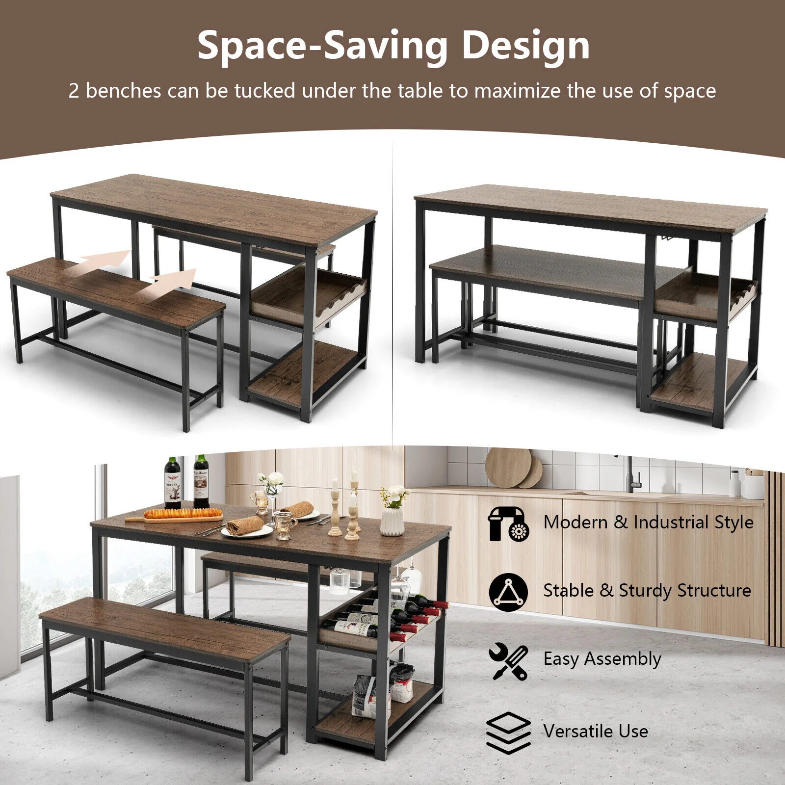 3-Piece Dining Table Set For 4 With Wine Rack, Brown - Image 6