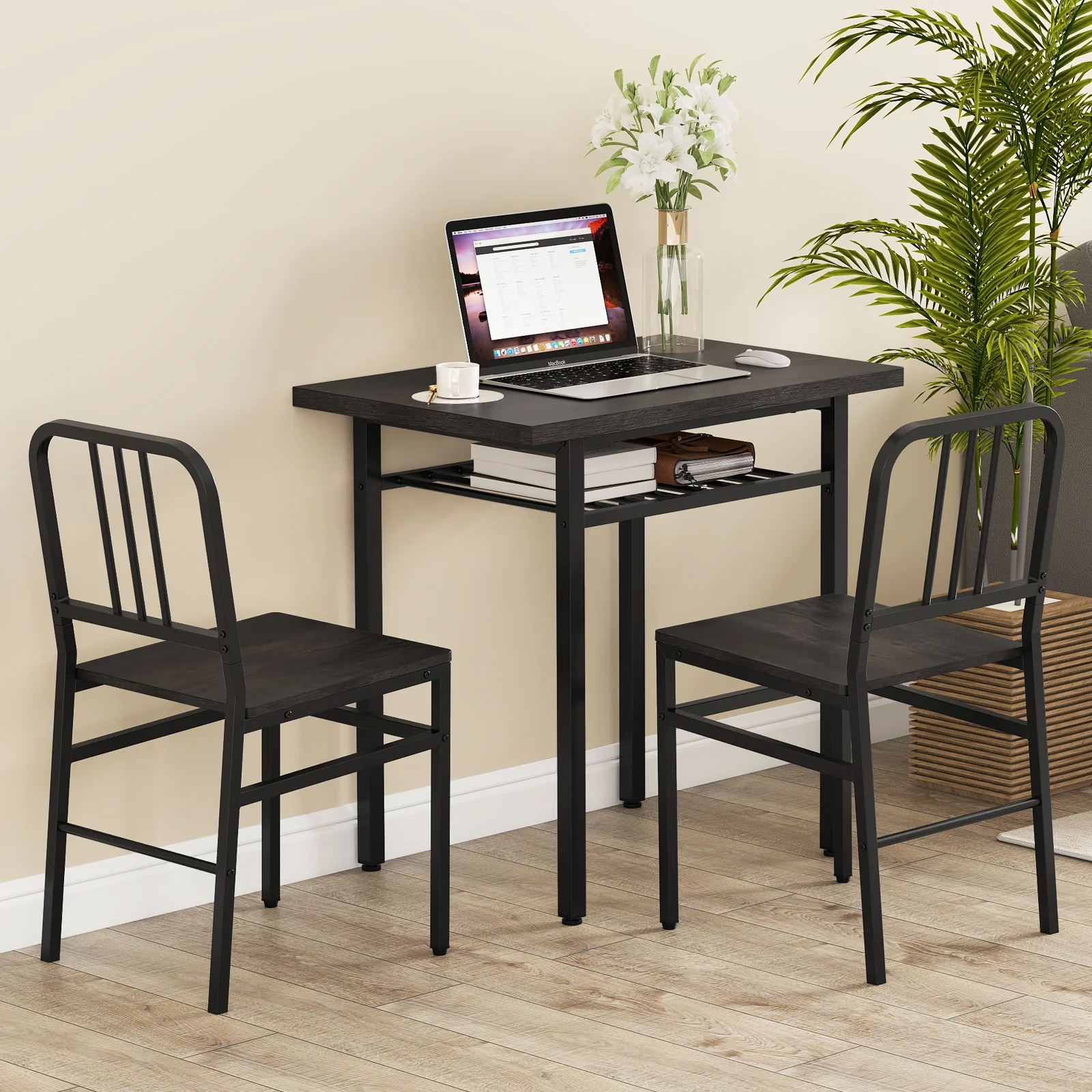 3-Piece Dining Table Set, Rectangular Kitchen Table, 2 Chairs, Black, Gray - Image 2