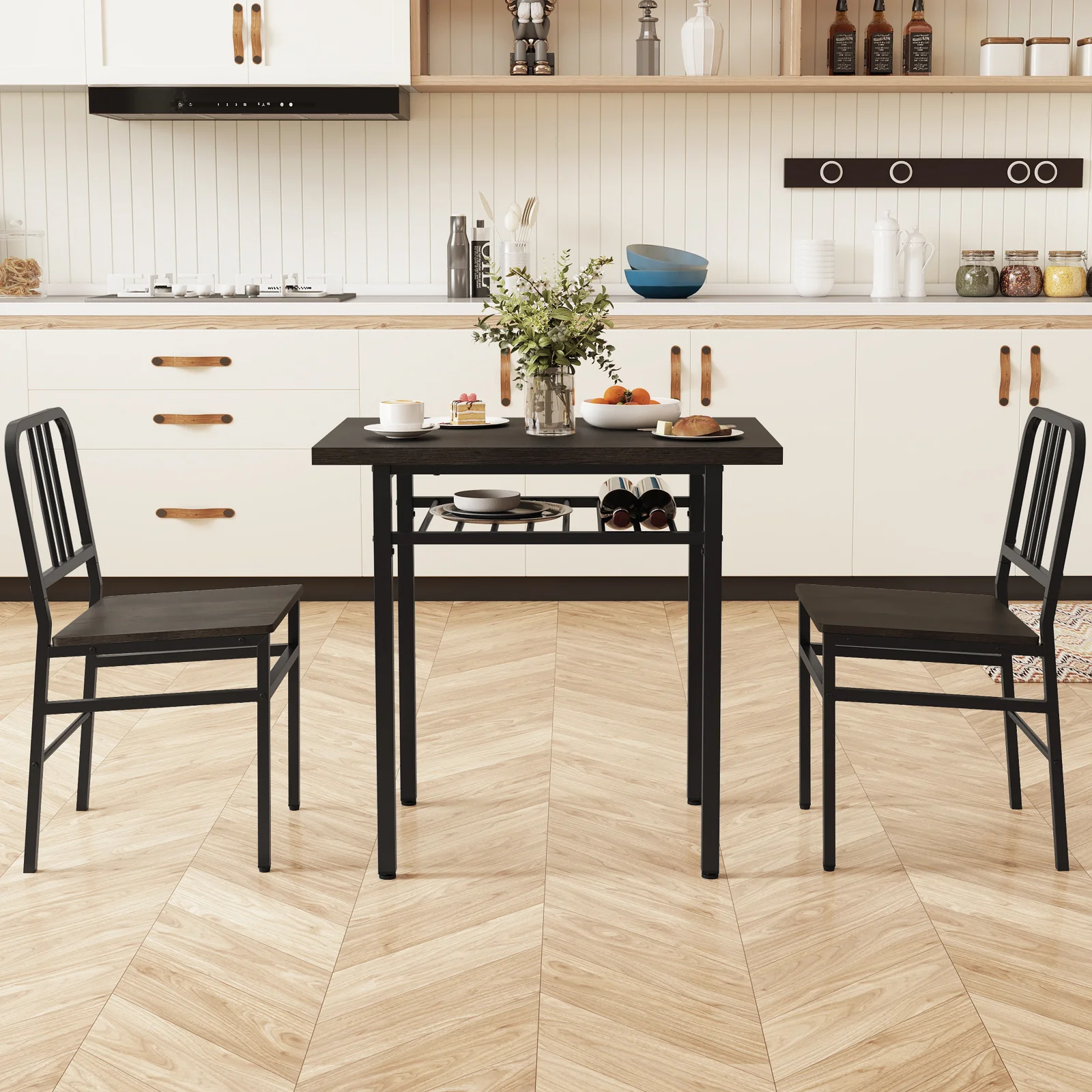 3-Piece Dining Table Set, Rectangular Kitchen Table, 2 Chairs, Black, Gray - Image 3