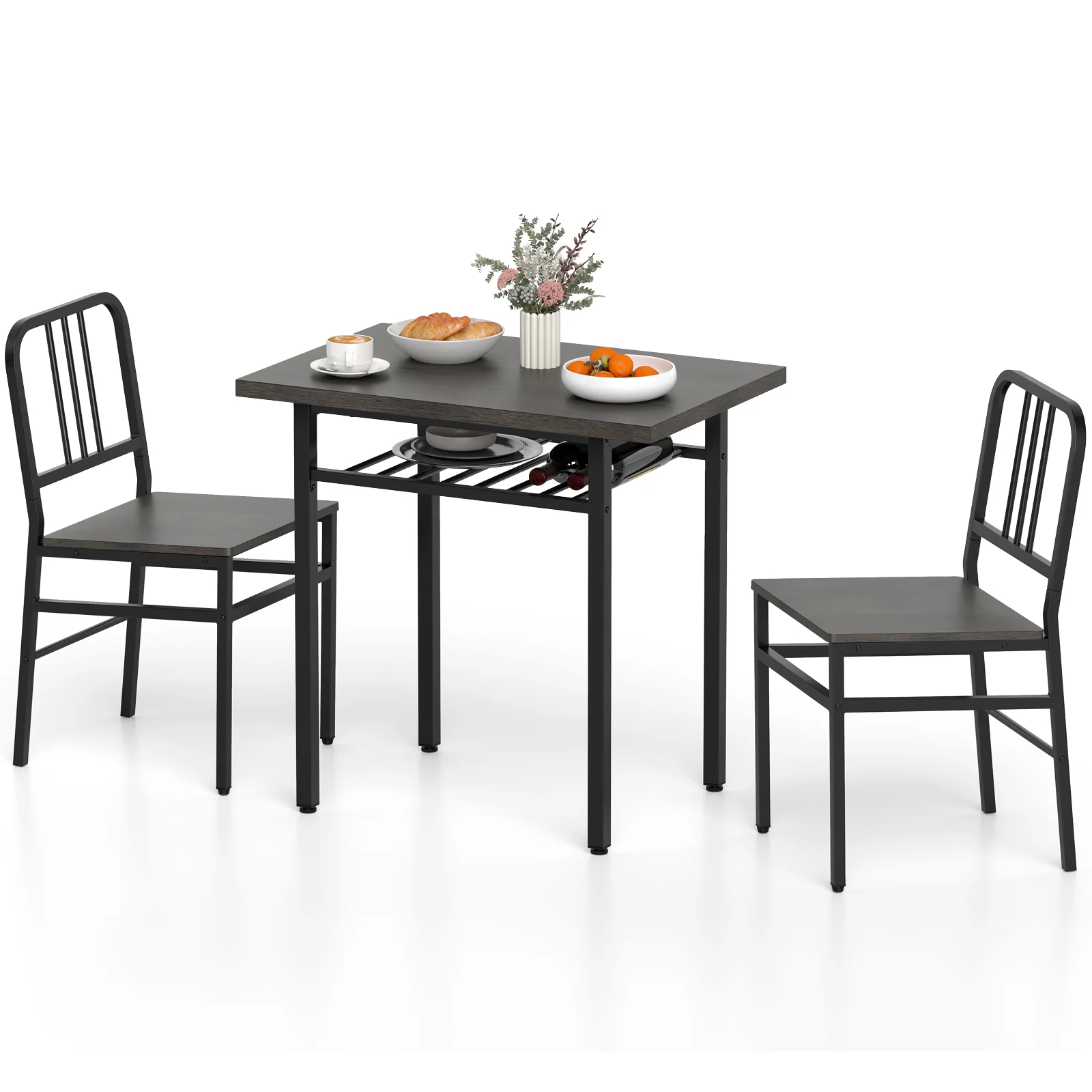 3-Piece Dining Table Set, Rectangular Kitchen Table, 2 Chairs, Black, Gray - Image 4