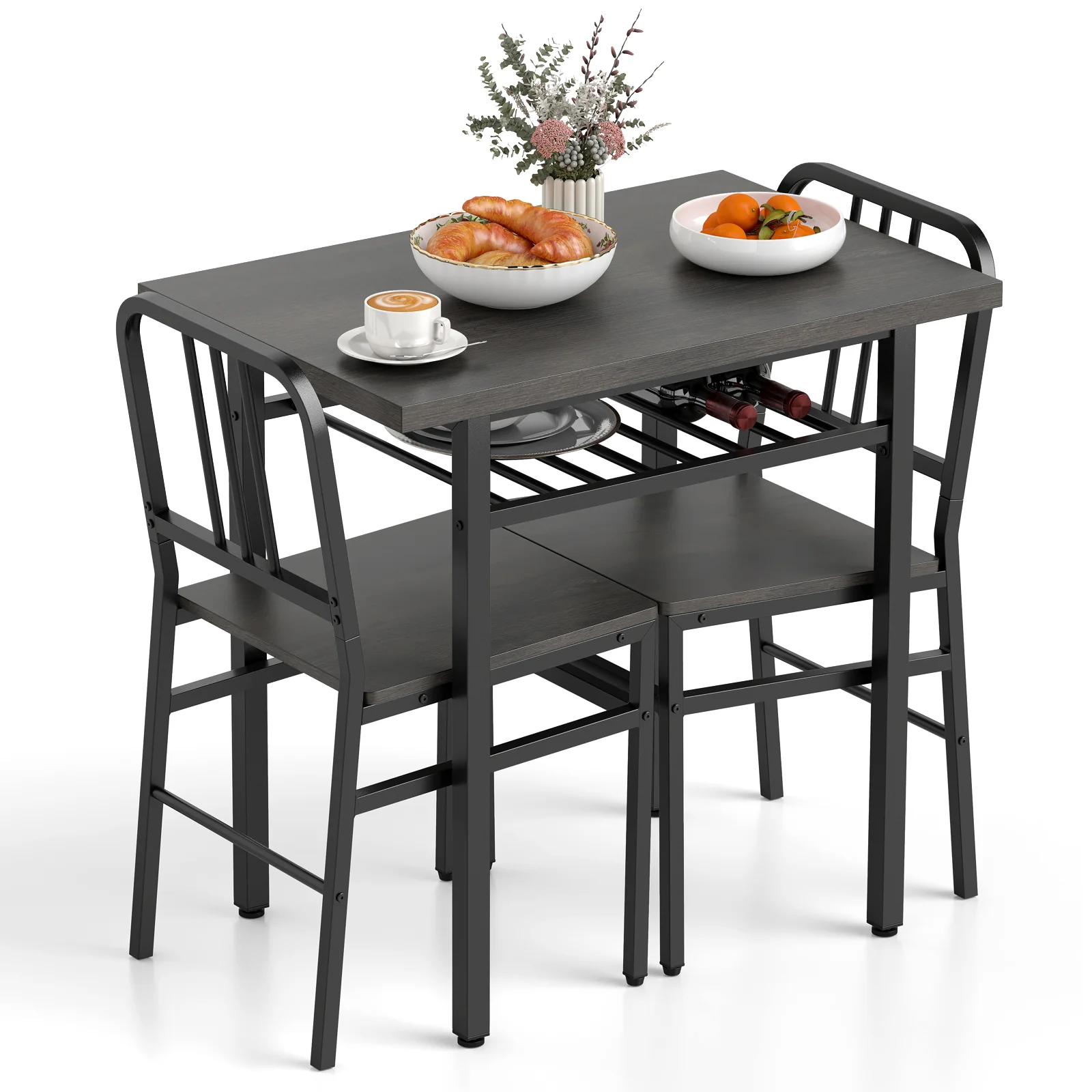 3-Piece Dining Table Set, Rectangular Kitchen Table, 2 Chairs, Black, Gray - Image 5