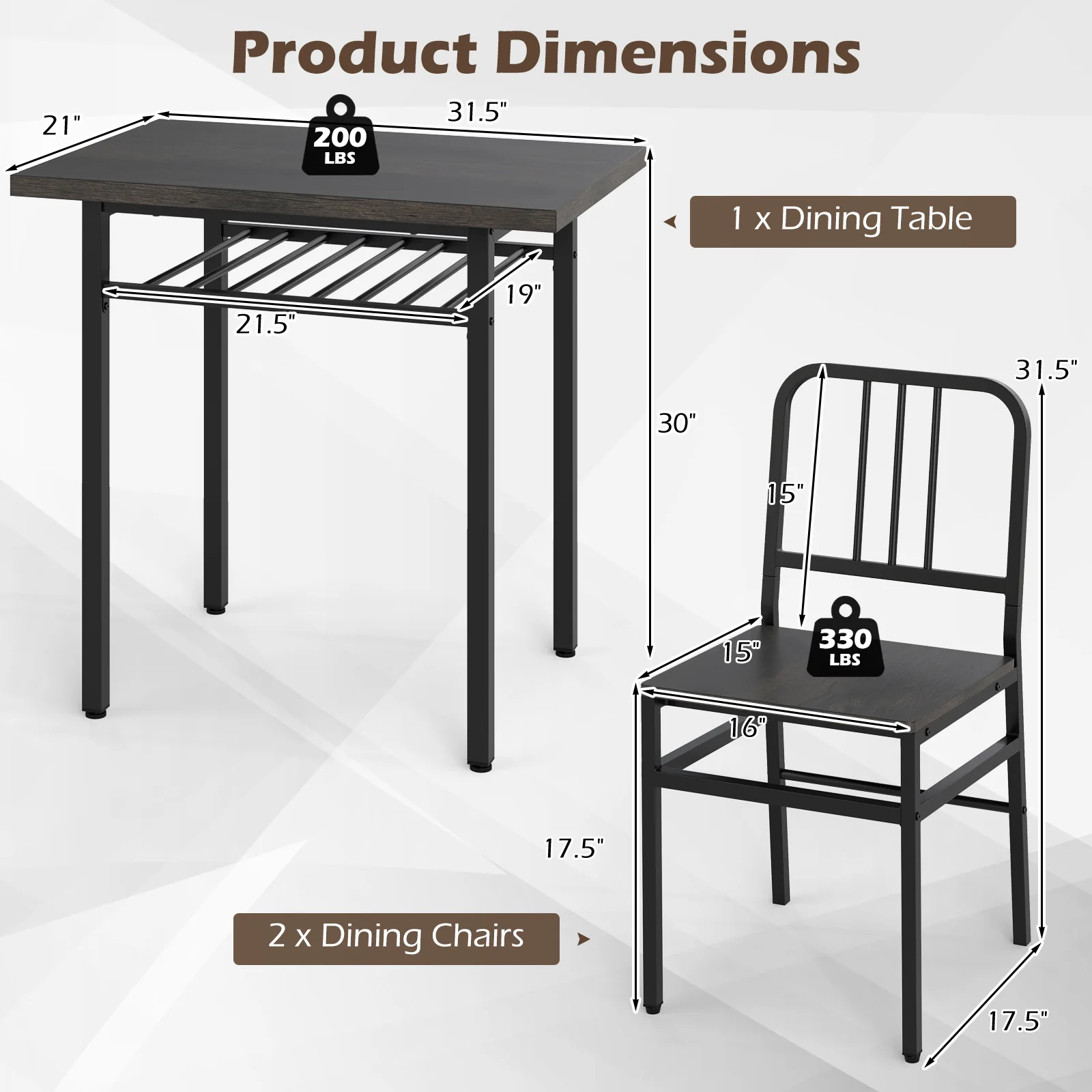 3-Piece Dining Table Set, Rectangular Kitchen Table, 2 Chairs, Black, Gray - Image 6