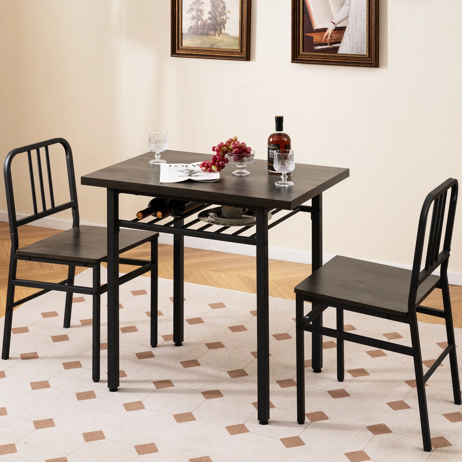 3-Piece Dining Table Set, Rectangular Kitchen Table, 2 Chairs, Black, Gray - Image 7