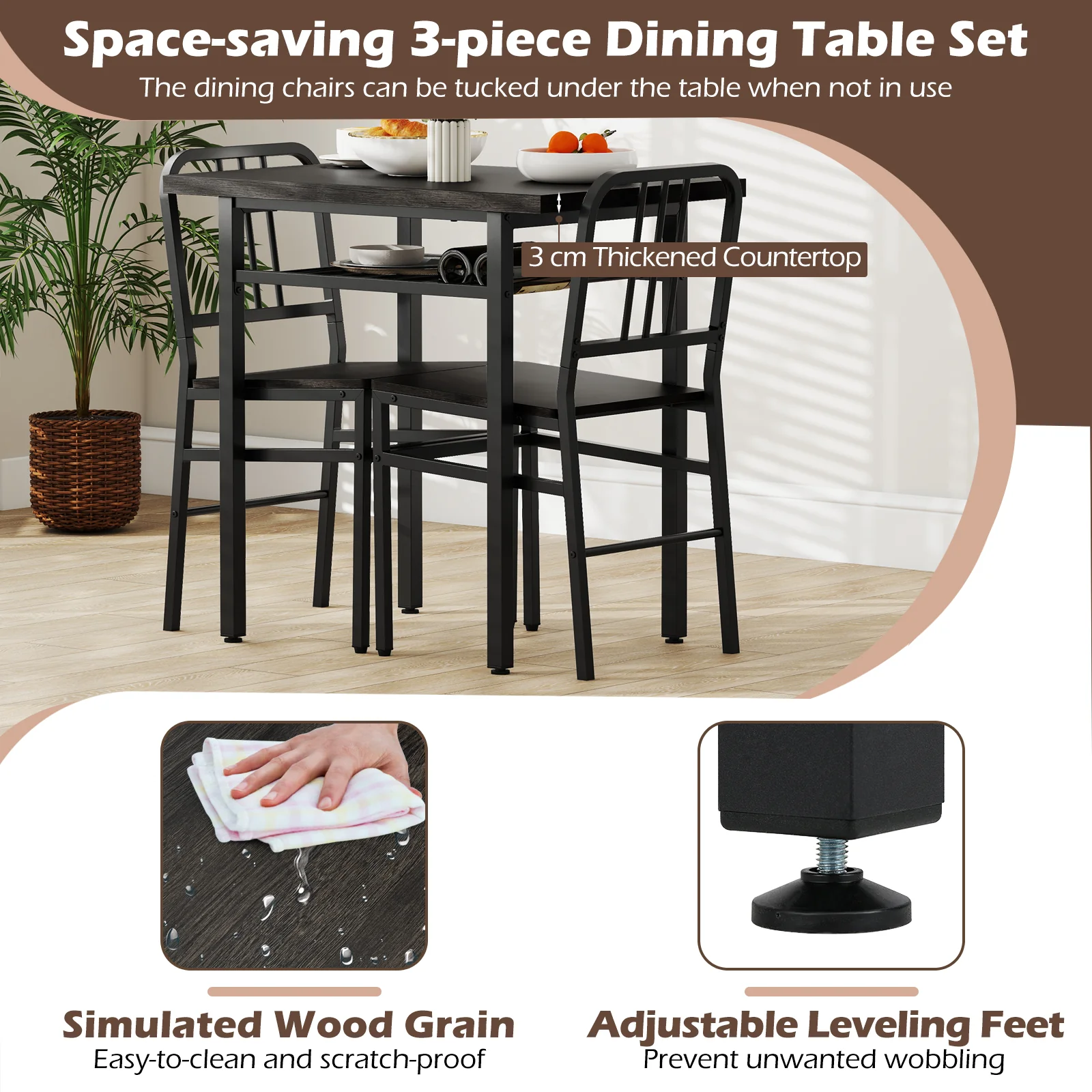 3-Piece Dining Table Set, Rectangular Kitchen Table, 2 Chairs, Black, Gray - Image 9