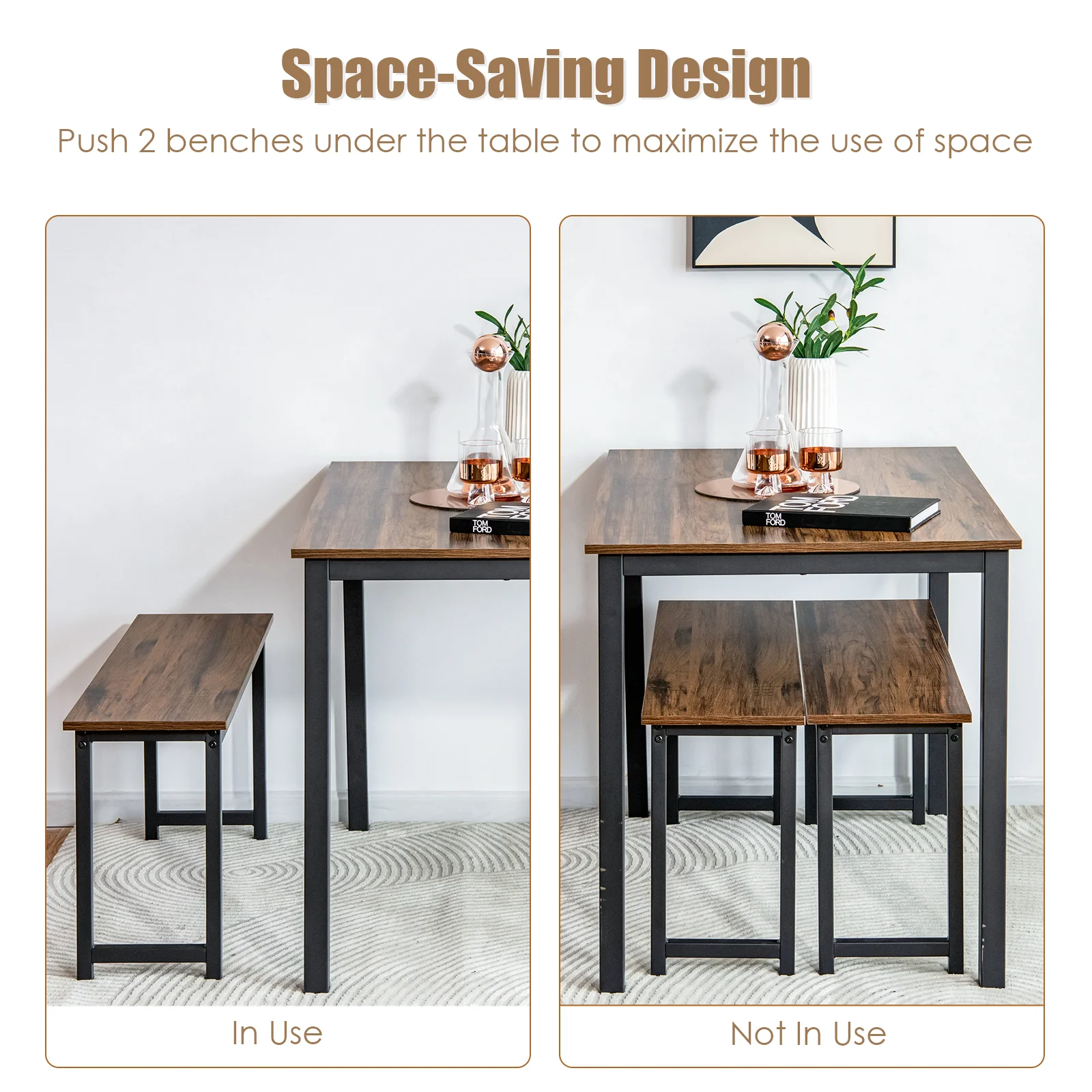 3 Piece Dining Table Set With 2 Benches, Brown - Image 10