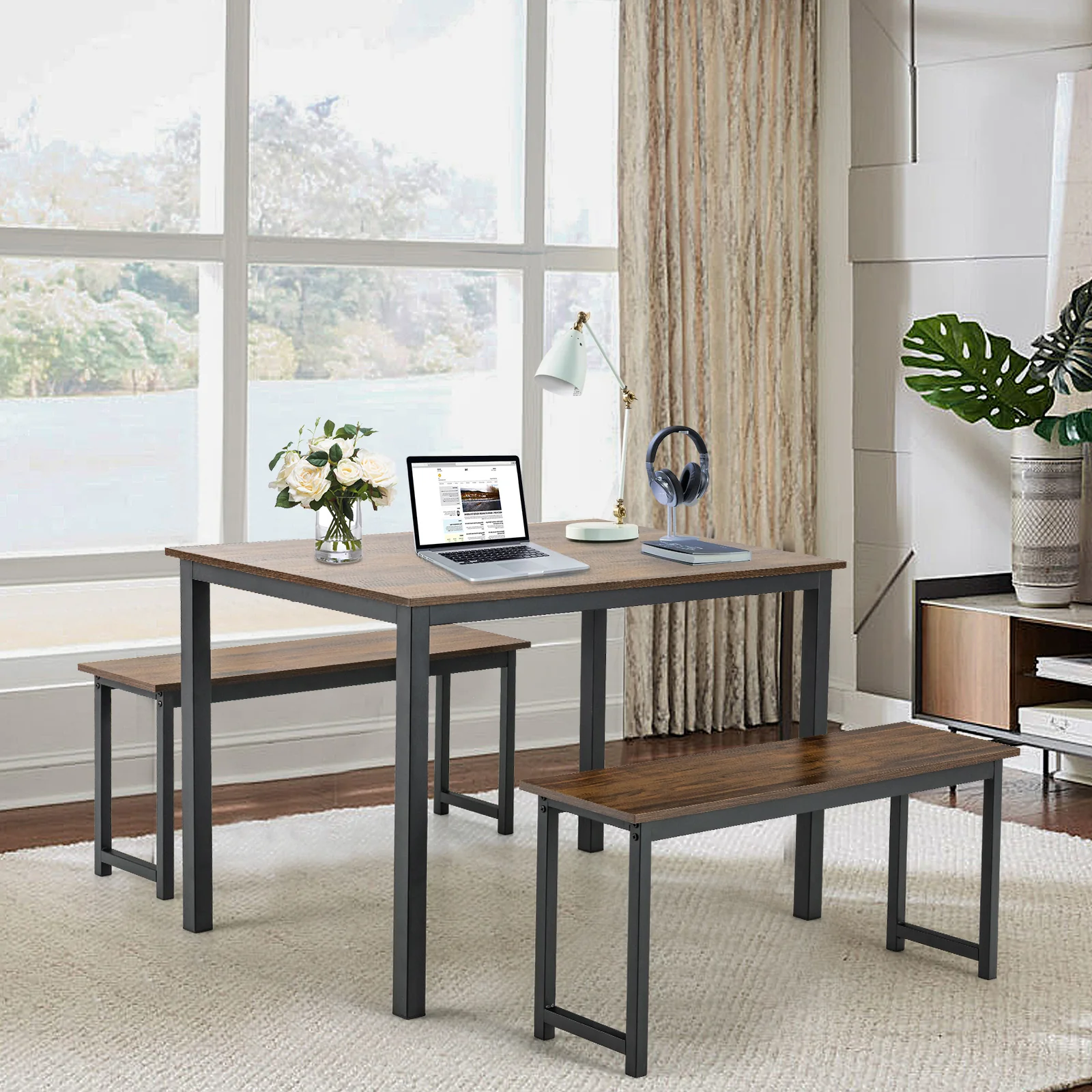 3 Piece Dining Table Set With 2 Benches, Brown - Image 2