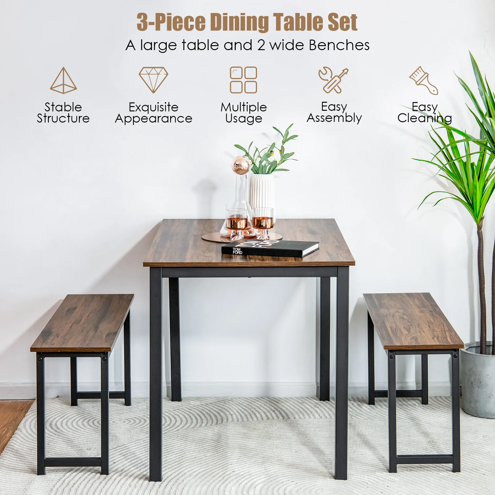 3 Piece Dining Table Set With 2 Benches, Brown - Image 8