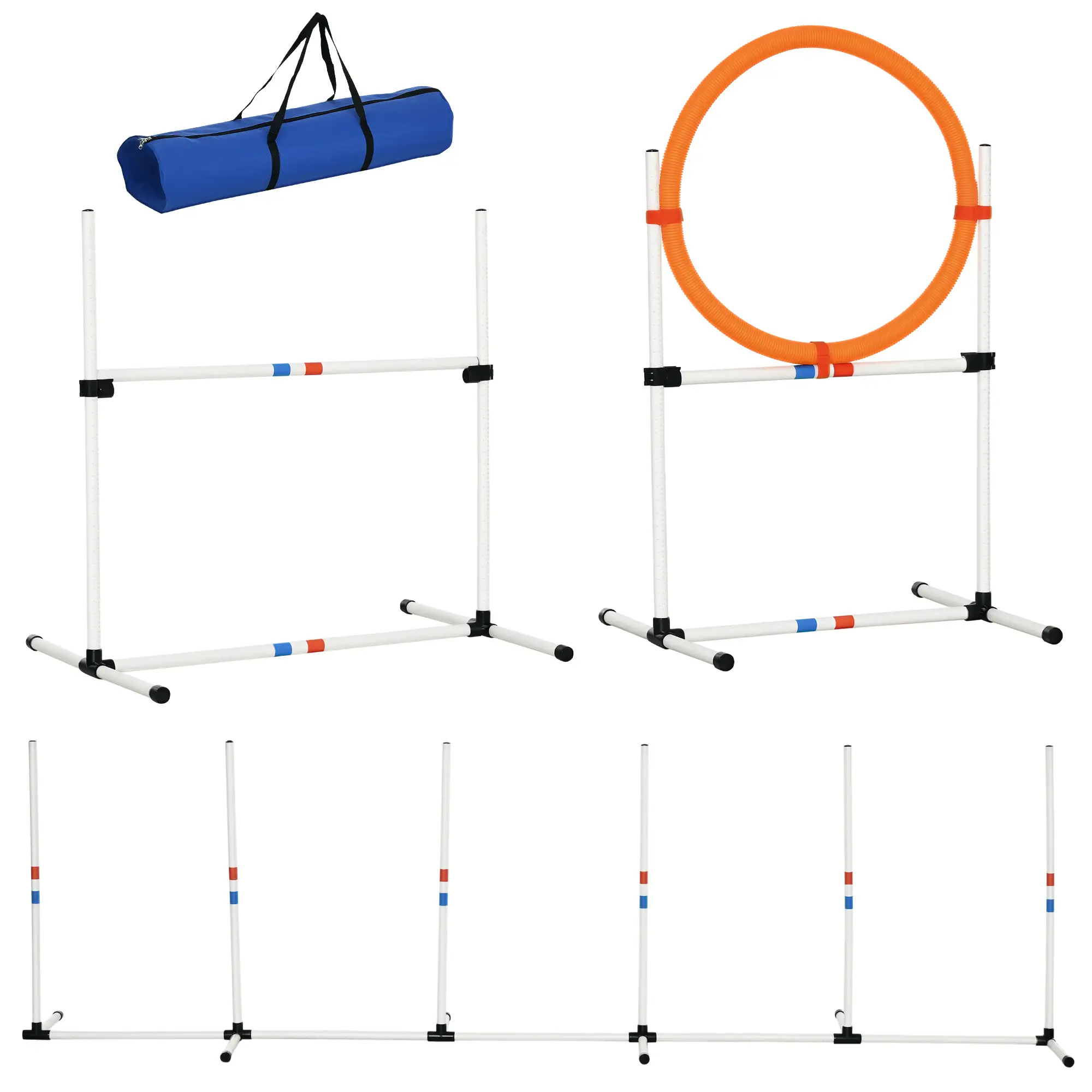 3 Piece Dog Agility Training Set, High Jump, Jumping Ring, Weave Poles, Storage Bag, White, Orange, Blue
