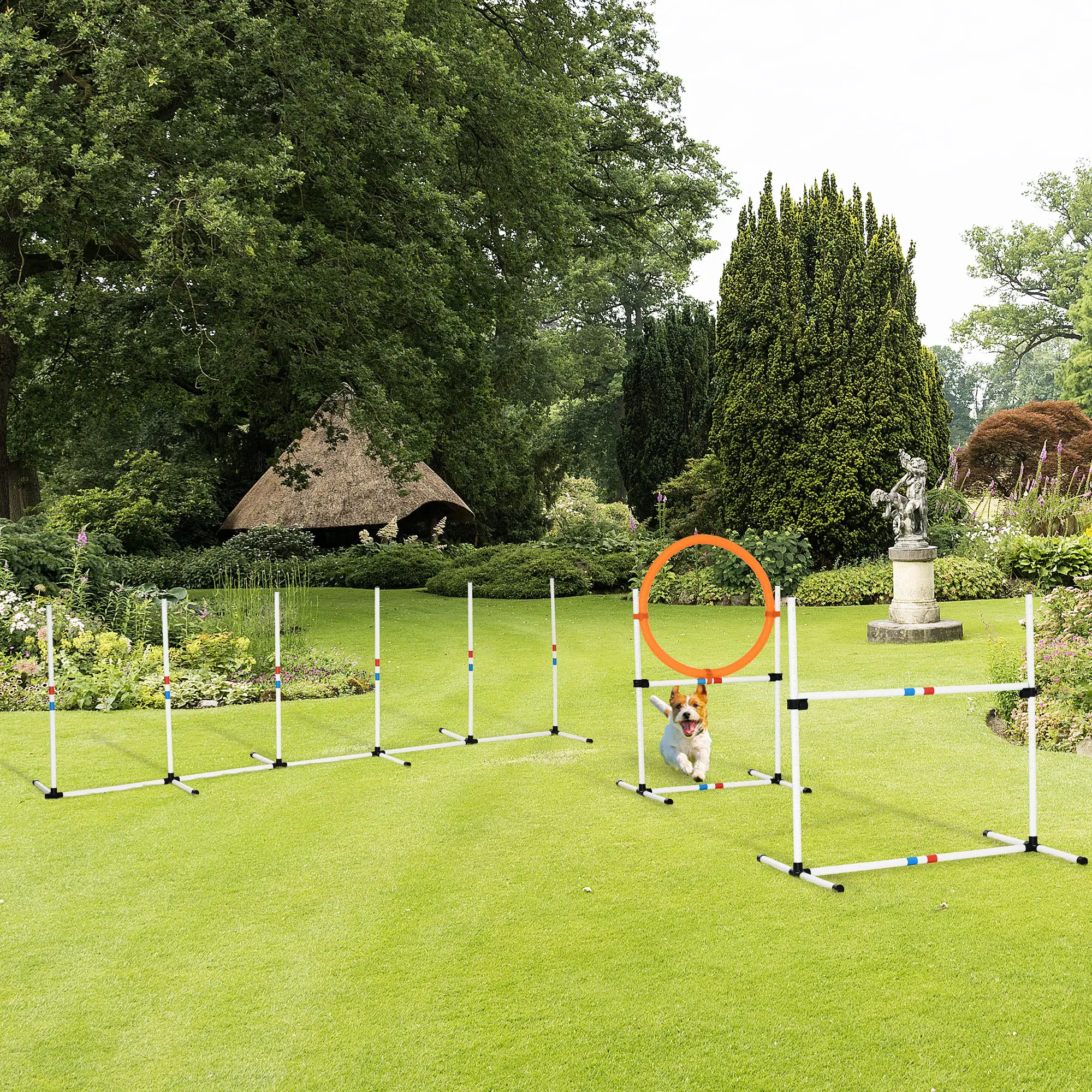 3 Piece Dog Agility Training Set, High Jump, Jumping Ring, Weave Poles, Storage Bag, White, Orange, Blue - Image 2