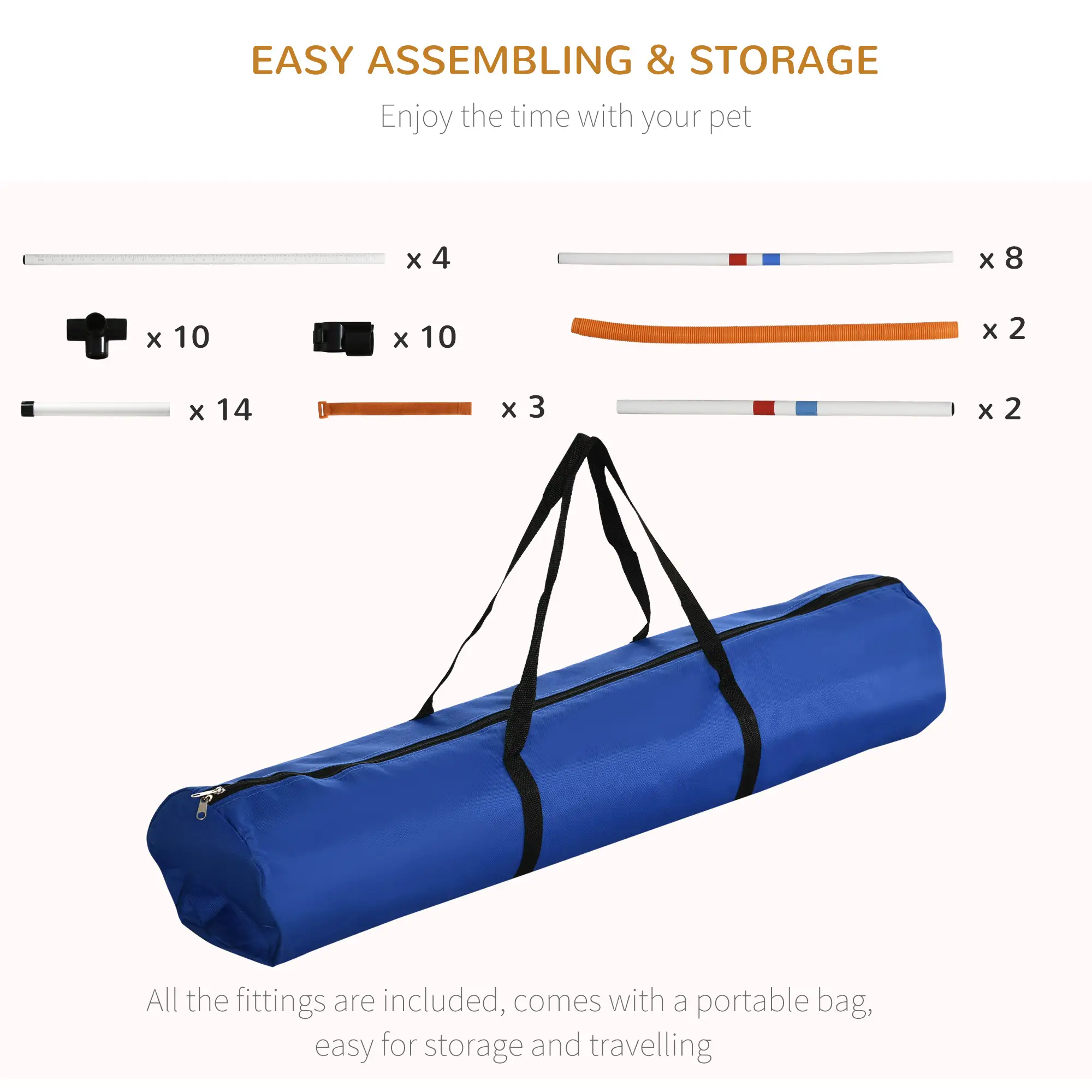 3 Piece Dog Agility Training Set, High Jump, Jumping Ring, Weave Poles, Storage Bag, White, Orange, Blue - Image 4