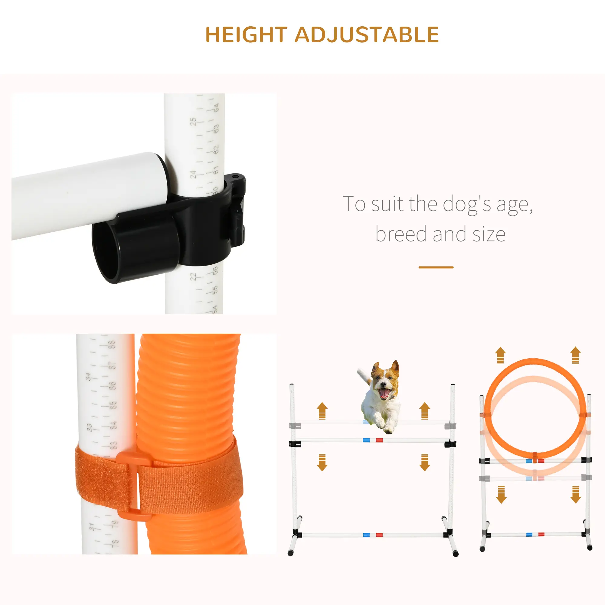 3 Piece Dog Agility Training Set, High Jump, Jumping Ring, Weave Poles, Storage Bag, White, Orange, Blue - Image 6
