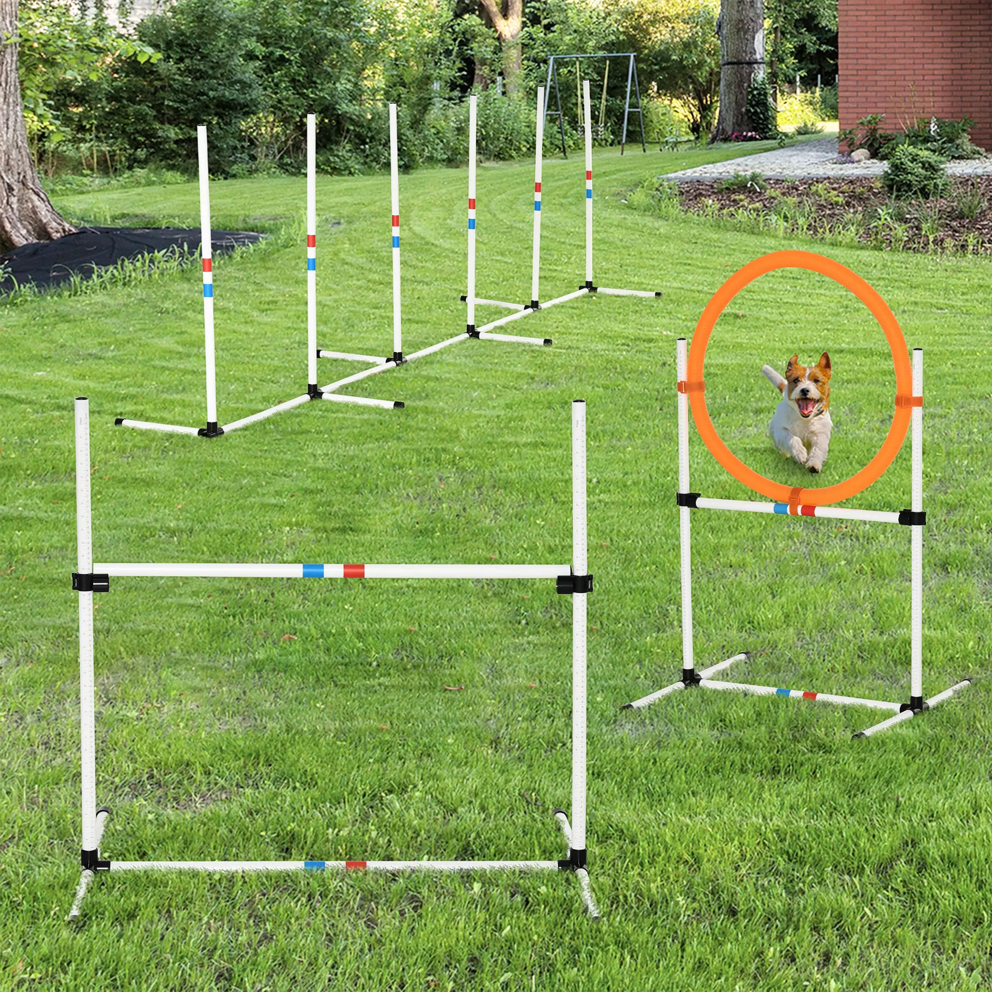 3 Piece Dog Agility Training Set, High Jump, Jumping Ring, Weave Poles, Storage Bag, White, Orange, Blue - Image 8