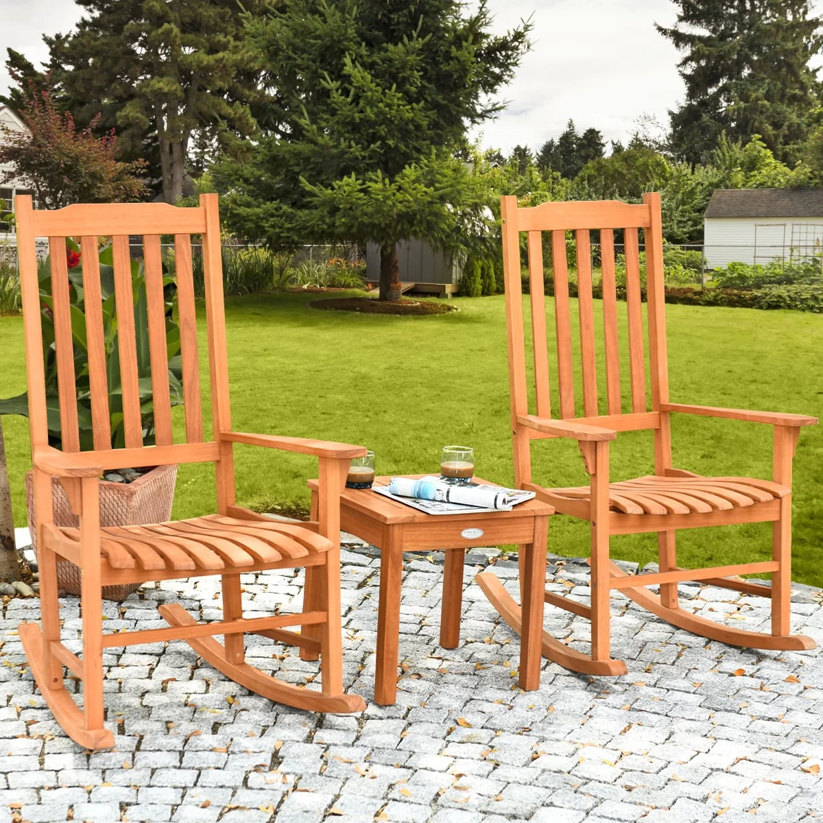 3 Piece Eucalyptus Rocking Chair Set, Coffee Table, Natural - Image 2