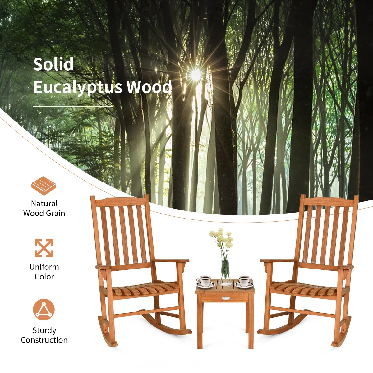 3 Piece Eucalyptus Rocking Chair Set, Coffee Table, Natural - Image 3