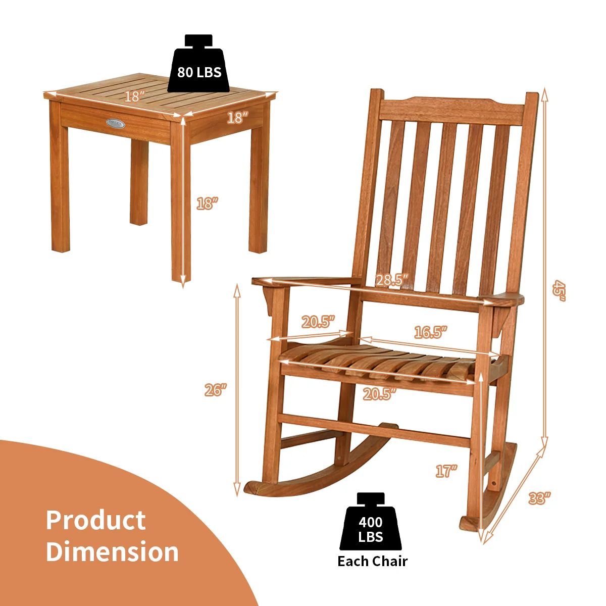 3 Piece Eucalyptus Rocking Chair Set, Coffee Table, Natural - Image 5