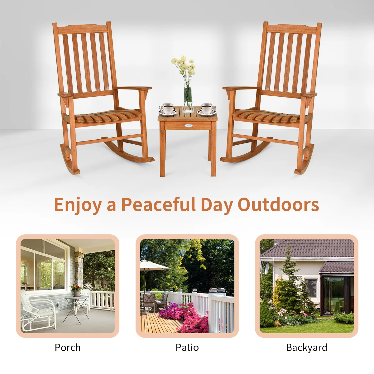 3 Piece Eucalyptus Rocking Chair Set, Coffee Table, Natural - Image 6