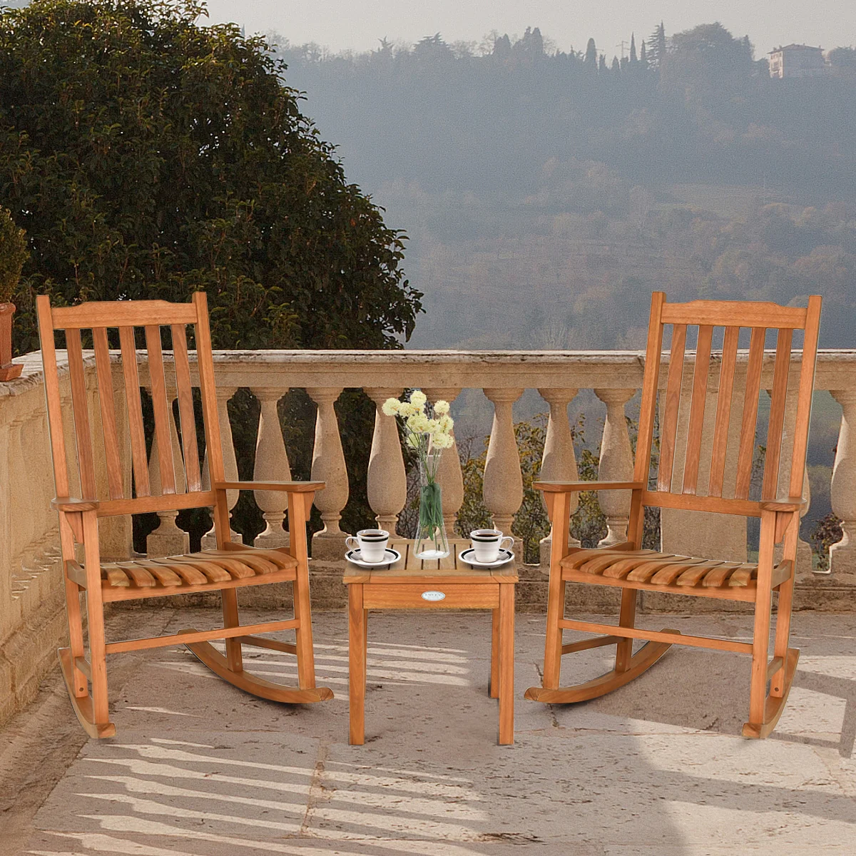 3 Piece Eucalyptus Rocking Chair Set, Coffee Table, Natural - Image 7