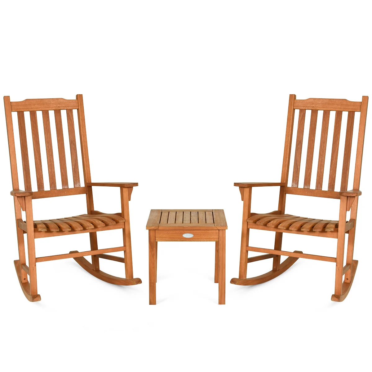 3 Piece Eucalyptus Rocking Chair Set, Coffee Table, Natural - Image 9
