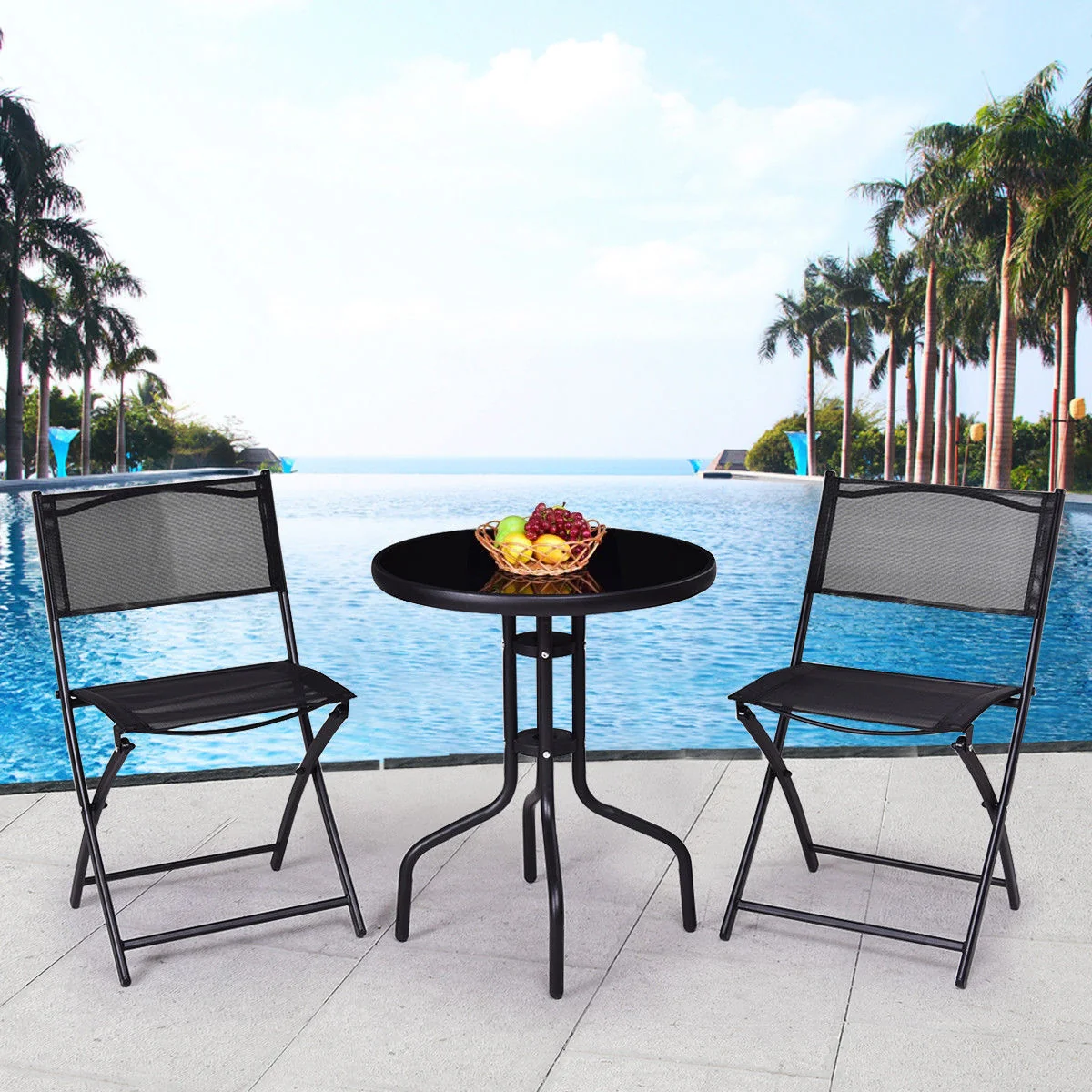 3 Piece Folding Bistro Table Chairs Set, Black - Image 2