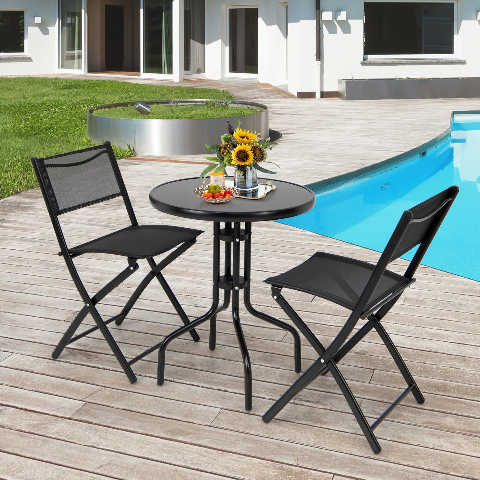 3 Piece Folding Bistro Table Chairs Set, Black - Image 3