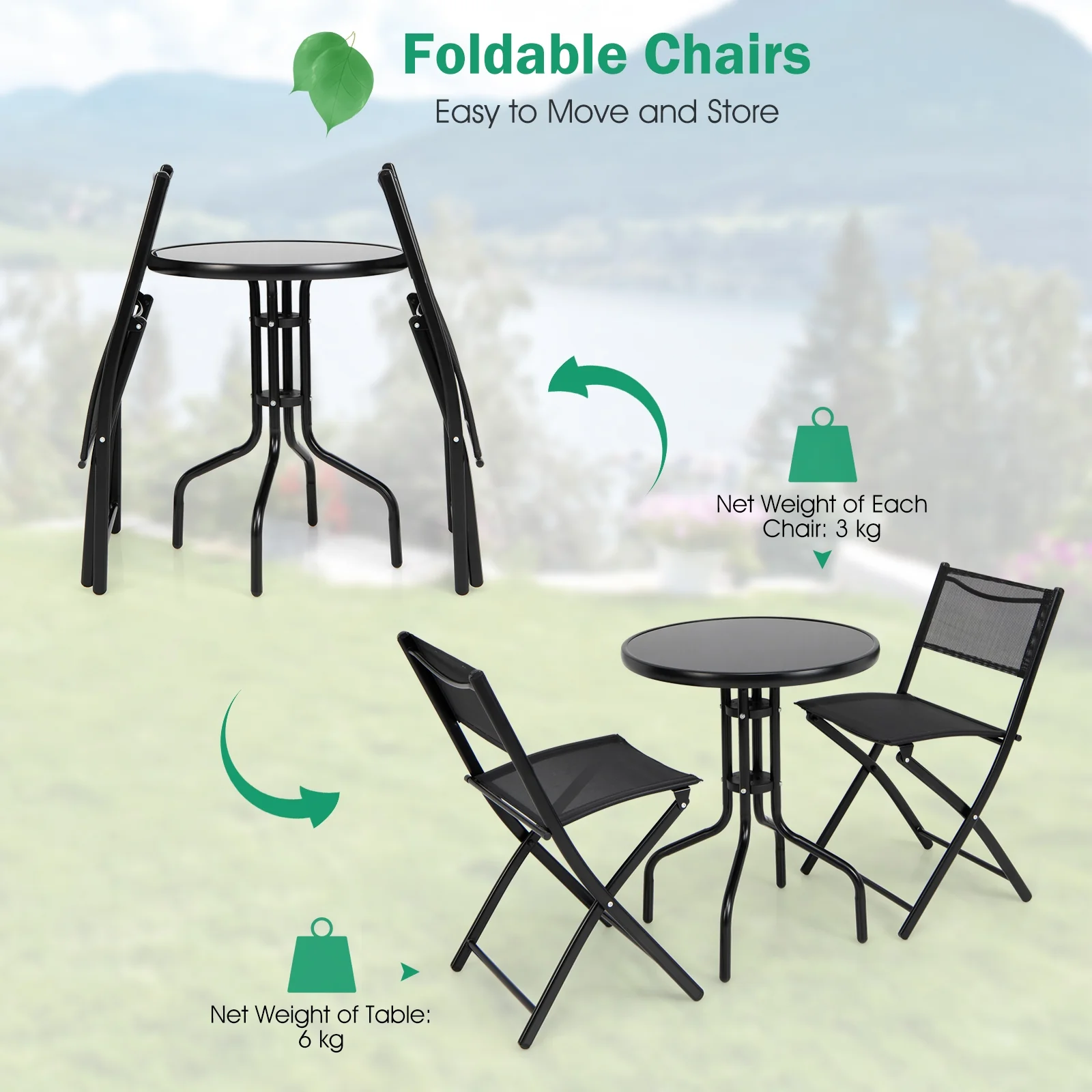 3 Piece Folding Bistro Table Chairs Set, Black - Image 7
