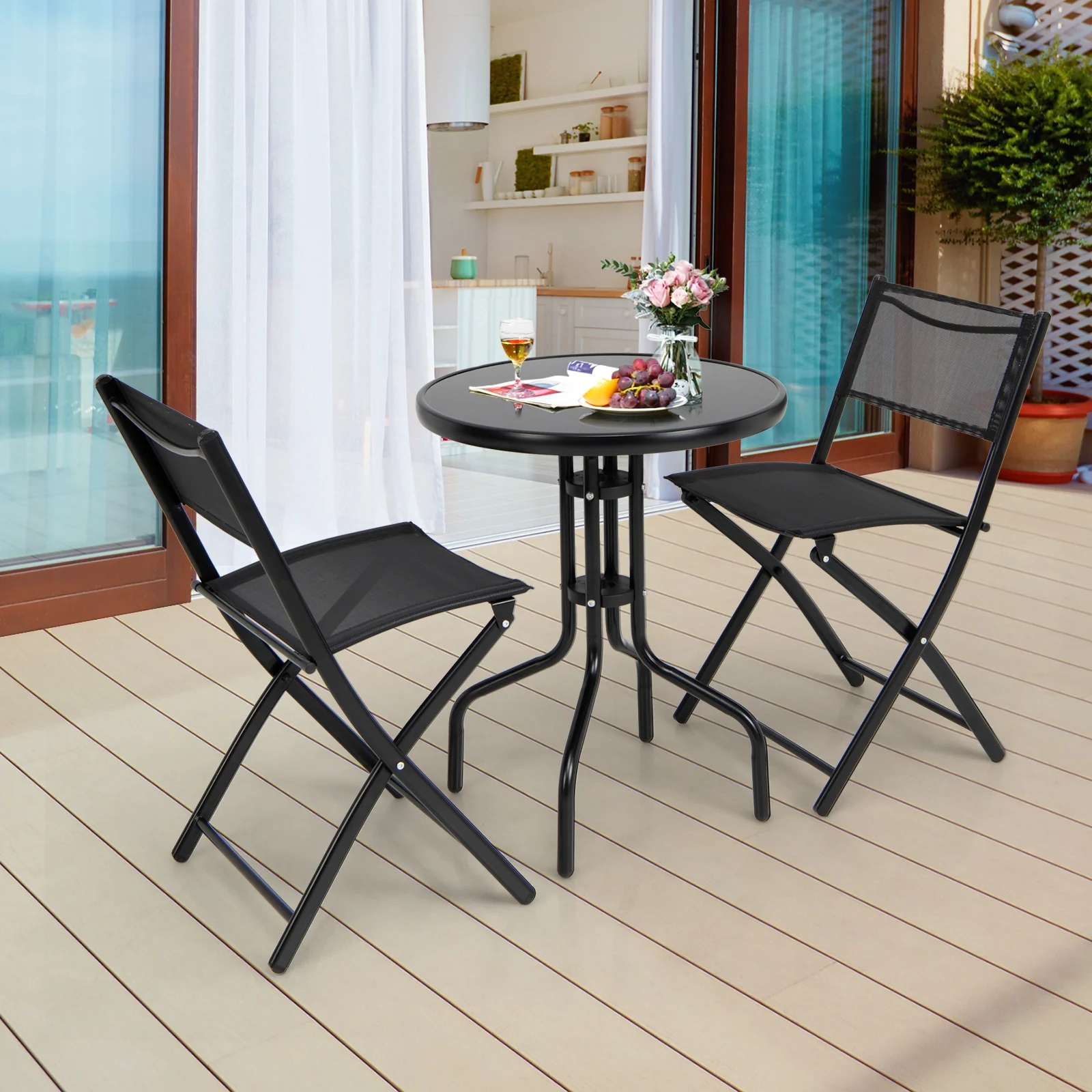 3 Piece Folding Bistro Table Chairs Set, Black - Image 9