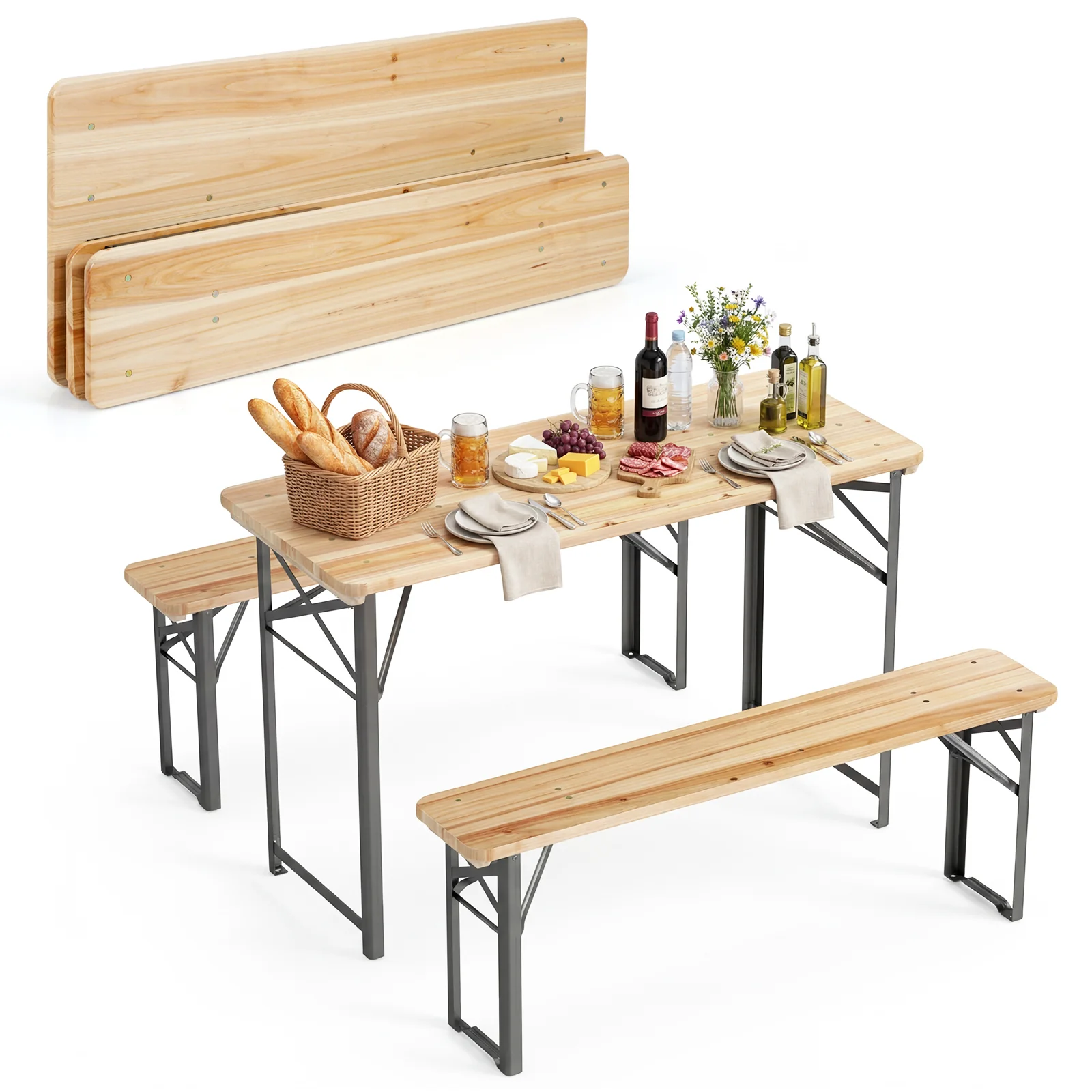 3-Piece Folding Picnic Table With Benches, Portable Camping Set, Black