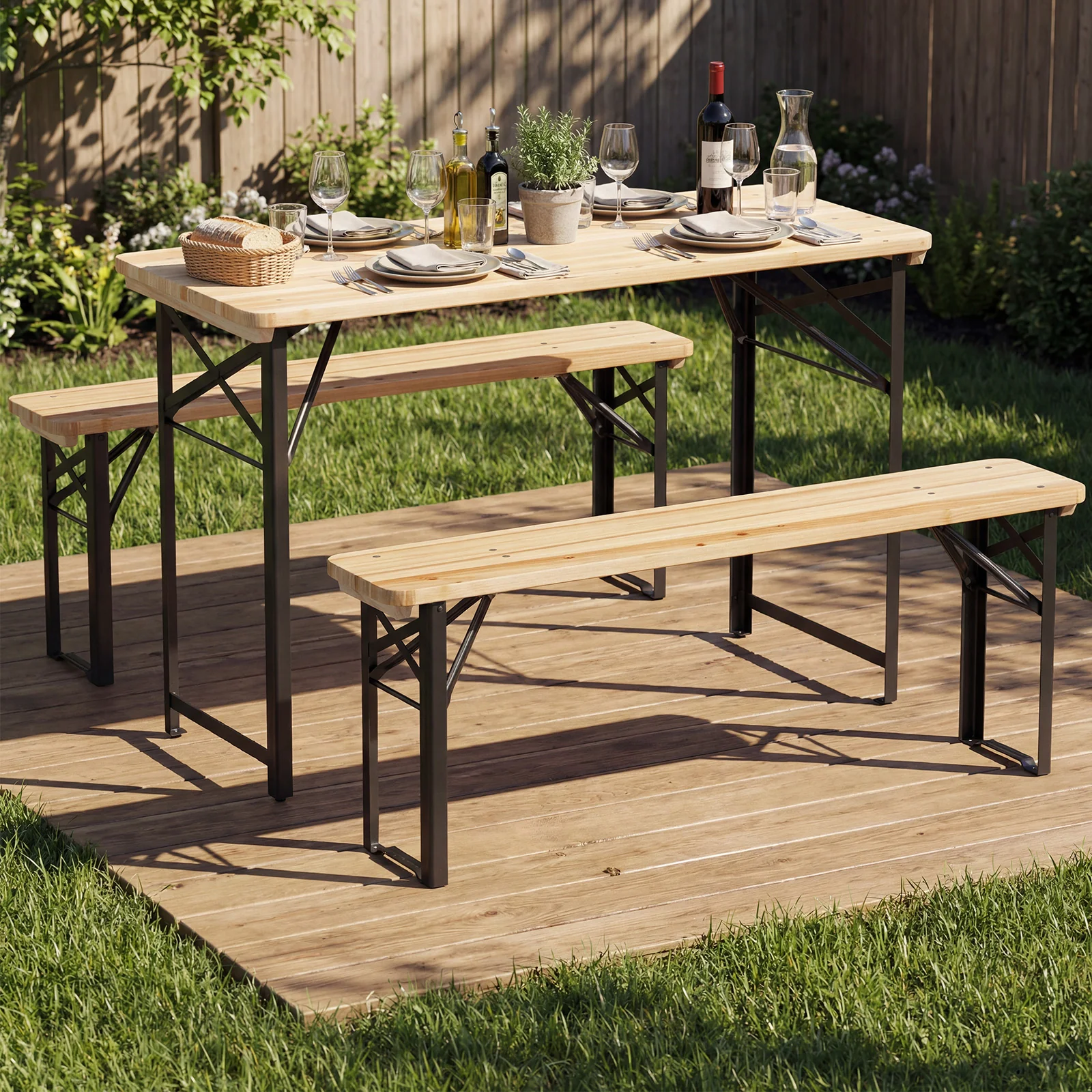 3-Piece Folding Picnic Table With Benches, Portable Camping Set, Black - Image 2