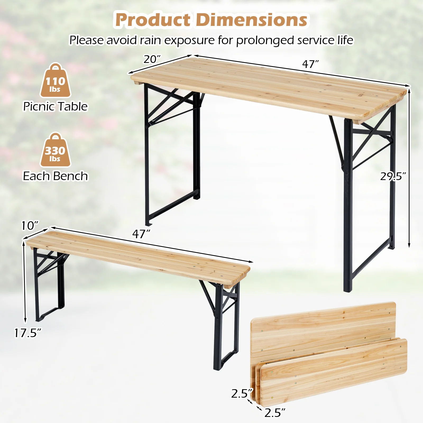 3-Piece Folding Picnic Table With Benches, Portable Camping Set, Black - Image 5