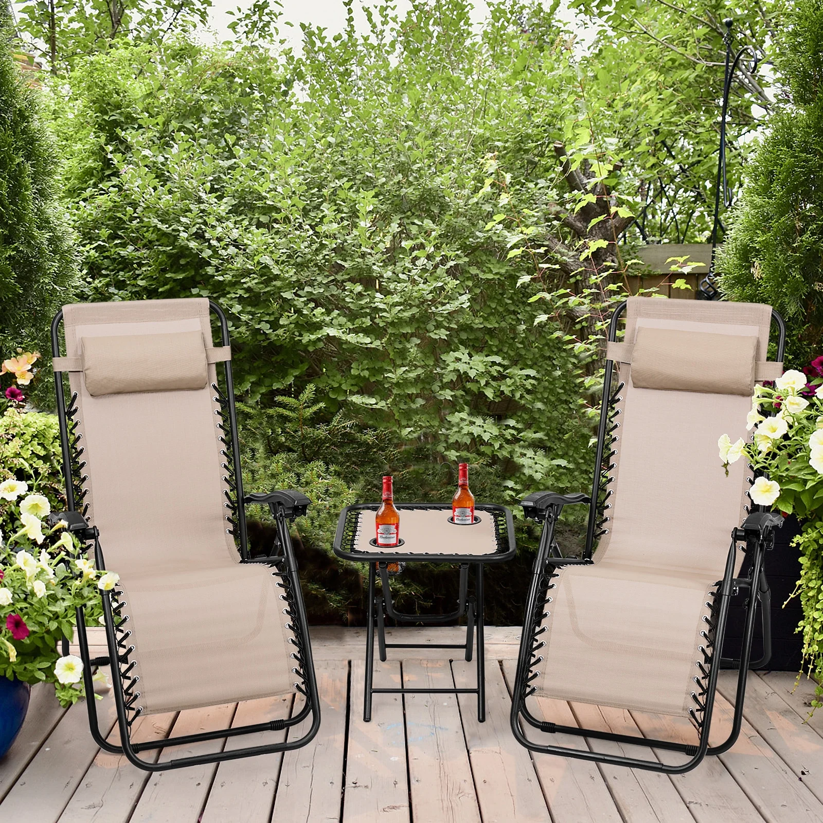 3-Piece Folding Portable Zero Gravity Recliner Chair Set, Beige - Image 2