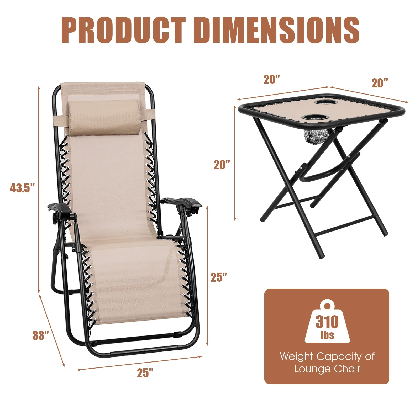 3-Piece Folding Portable Zero Gravity Recliner Chair Set, Beige - Image 5