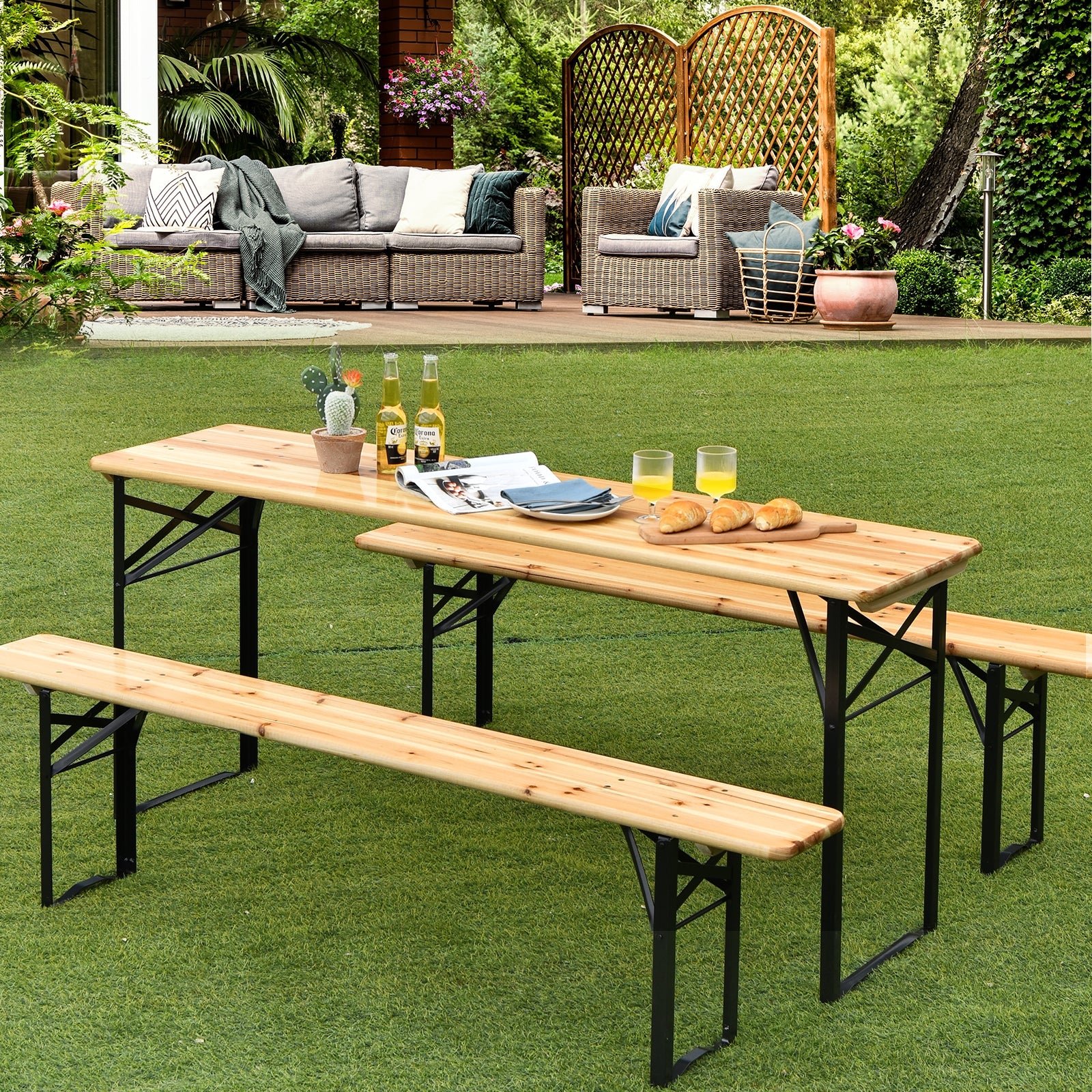 3 Piece Folding Wooden Picnic Table Bench Set - Image 3