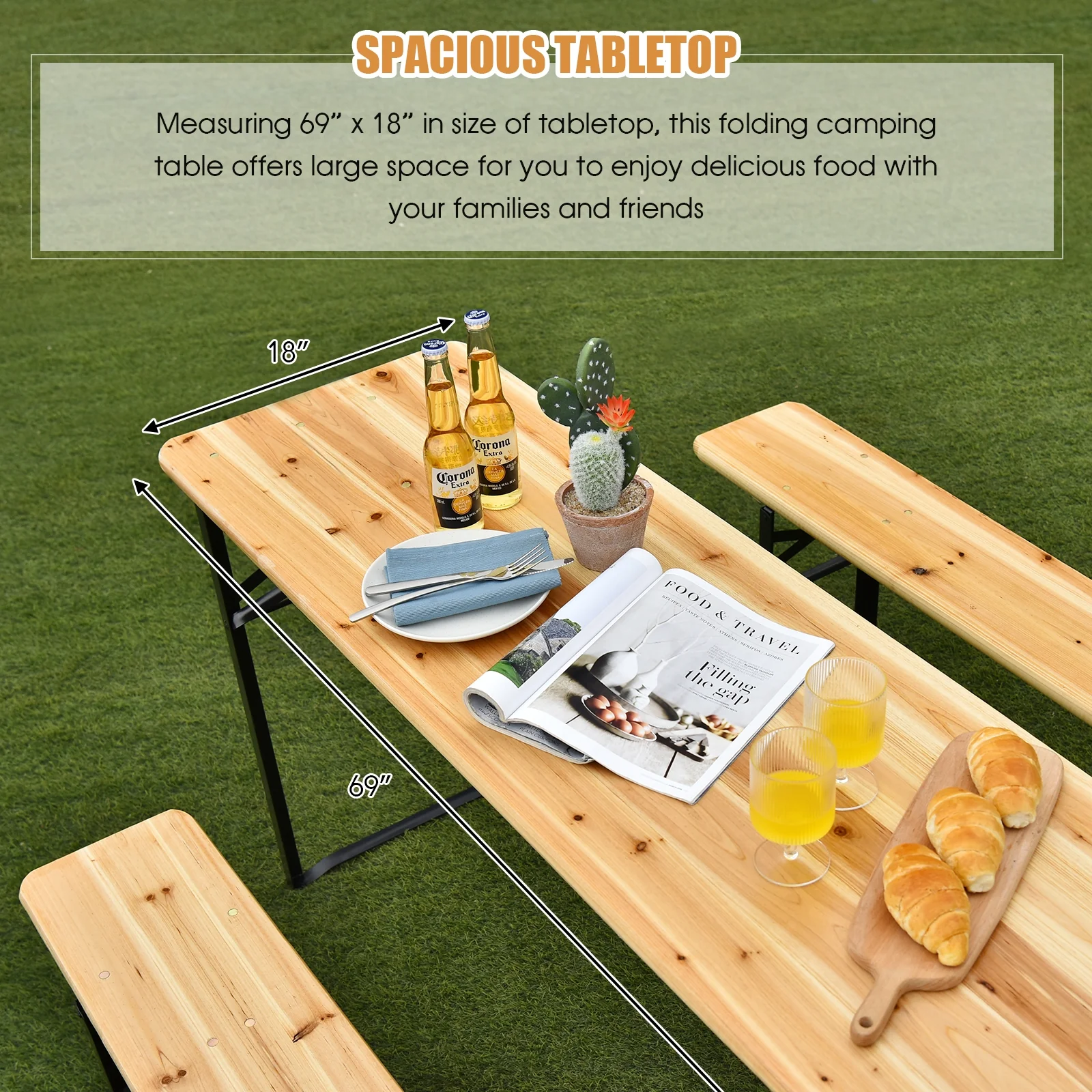 3 Piece Folding Wooden Picnic Table Bench Set - Image 7