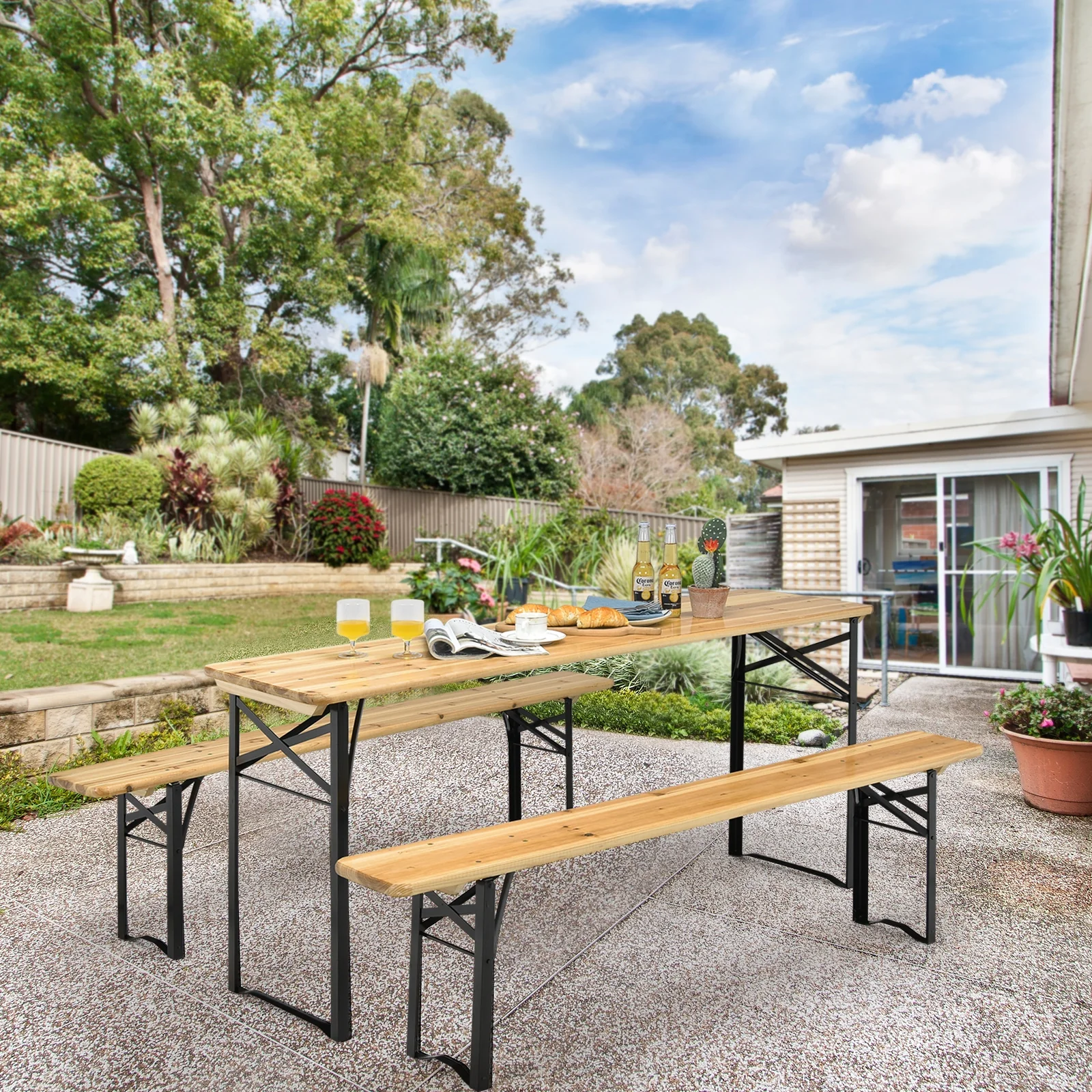 3 Piece Folding Wooden Picnic Table Bench Set - Image 8