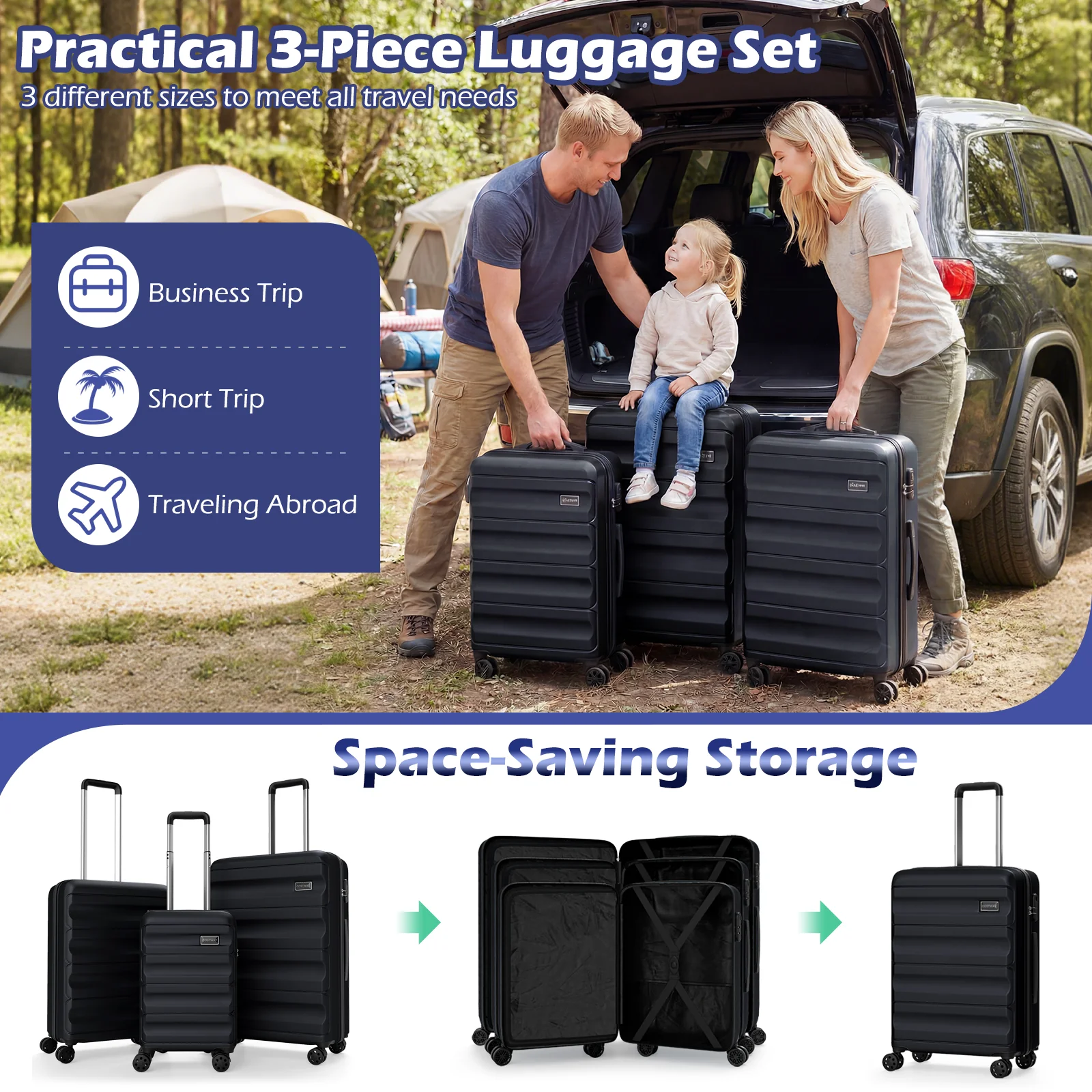 3-Piece Hardside Luggage Set 20/24/28 Inch Lightweight Hardside Suitcases, Black - Image 7