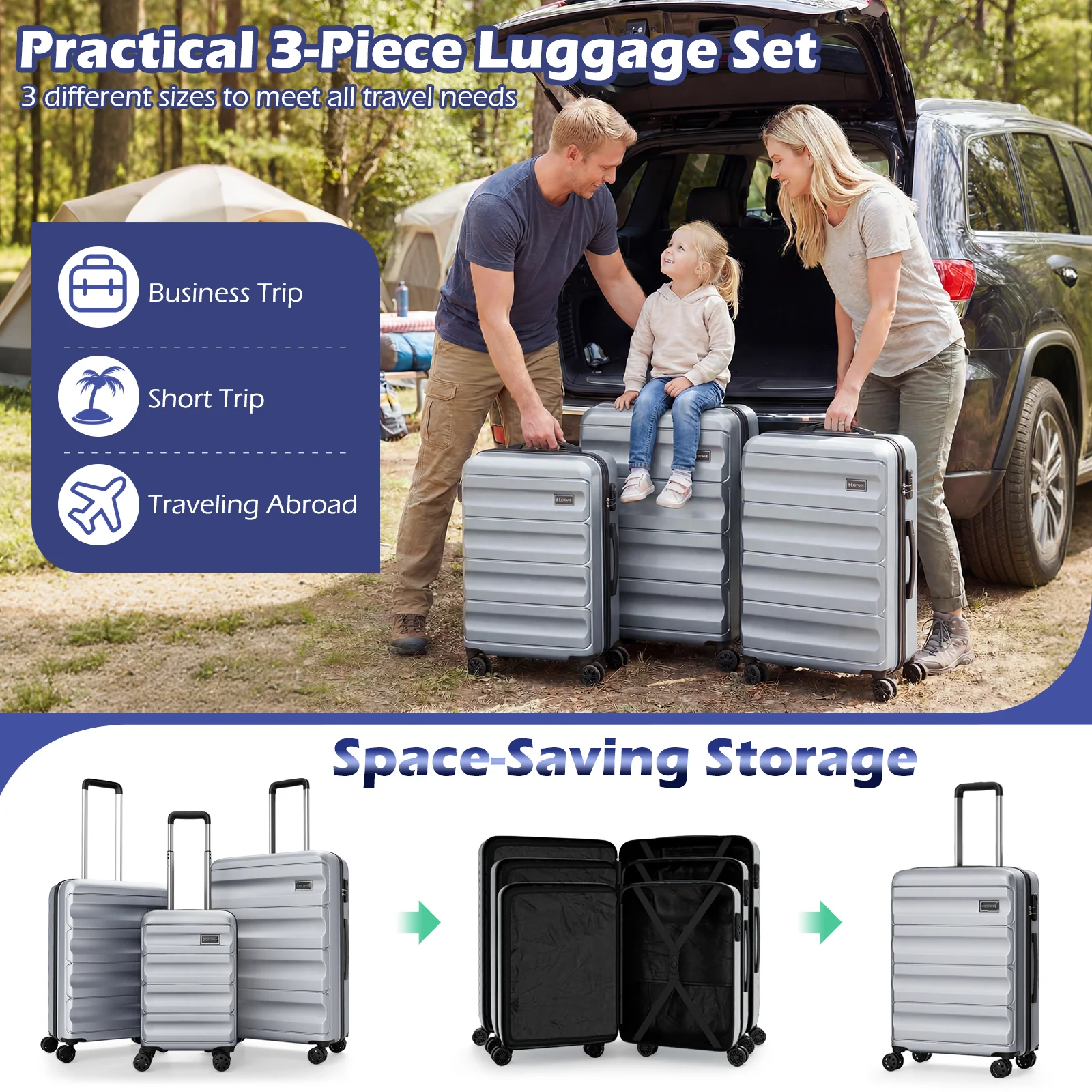 3-Piece Hardside Luggage Set 20/24/28 Inch Lightweight Hardside Suitcases, Gray - Image 7