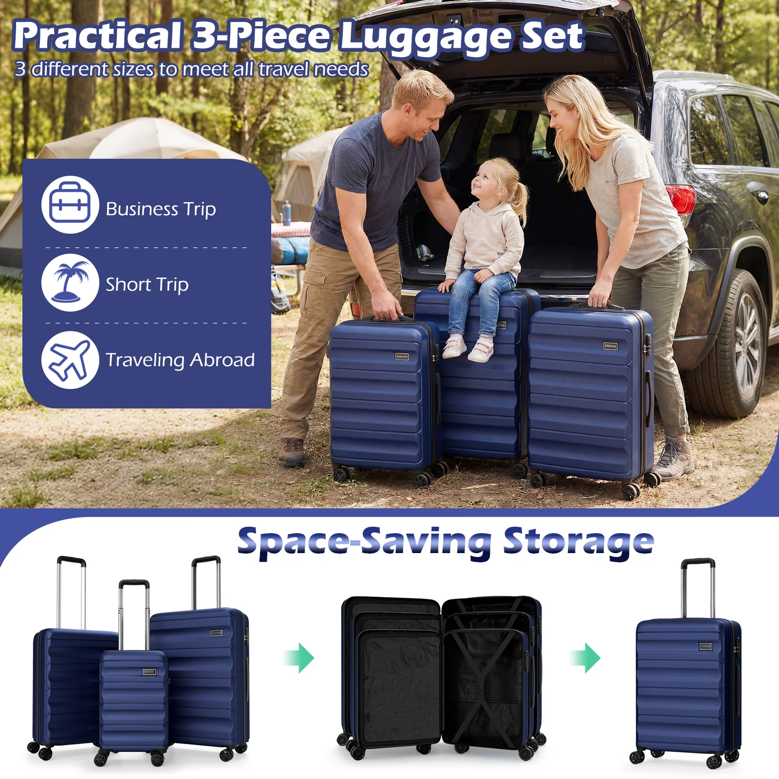 3-Piece Hardside Luggage Set 20/24/28 Inch Lightweight Hardside Suitcases, Navy - Image 7