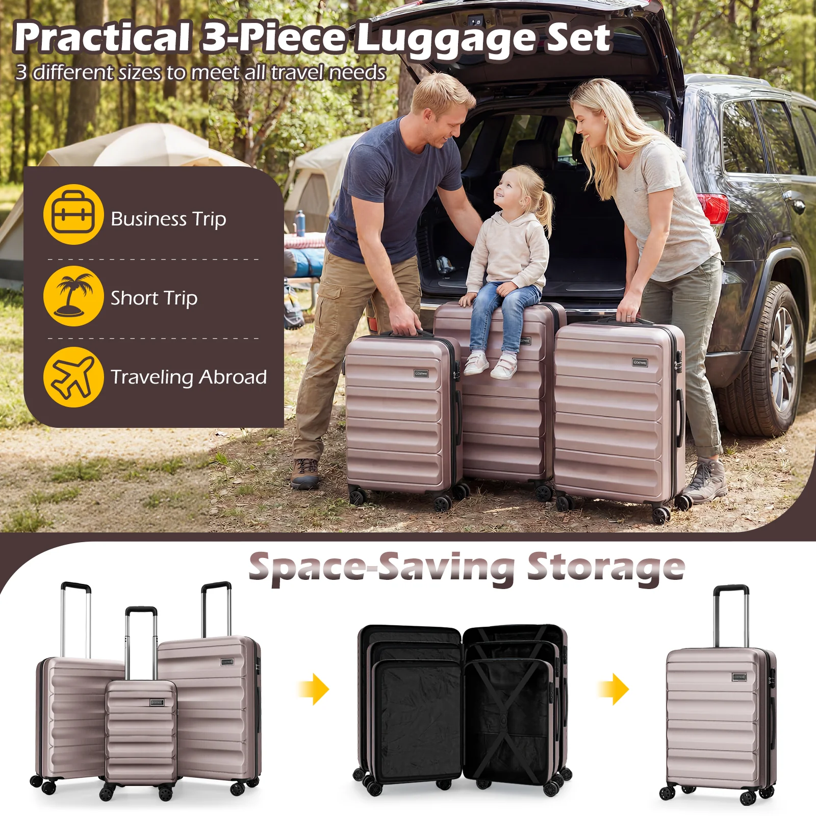 3-Piece Hardside Luggage Set 20/24/28 Inch Lightweight Hardside Suitcases, Pink - Image 7