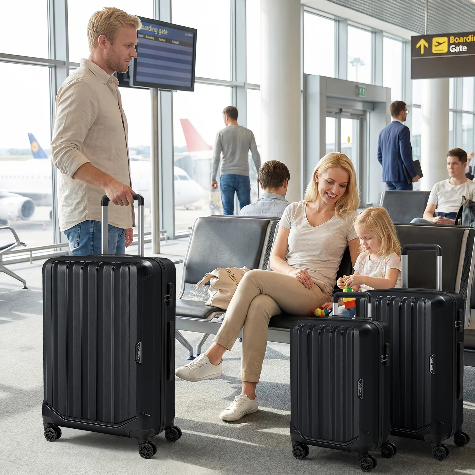 3-Piece Hardside Luggage Set (20/24/28 Inch) Lightweight with 3-Digital Lock, Black - Image 2