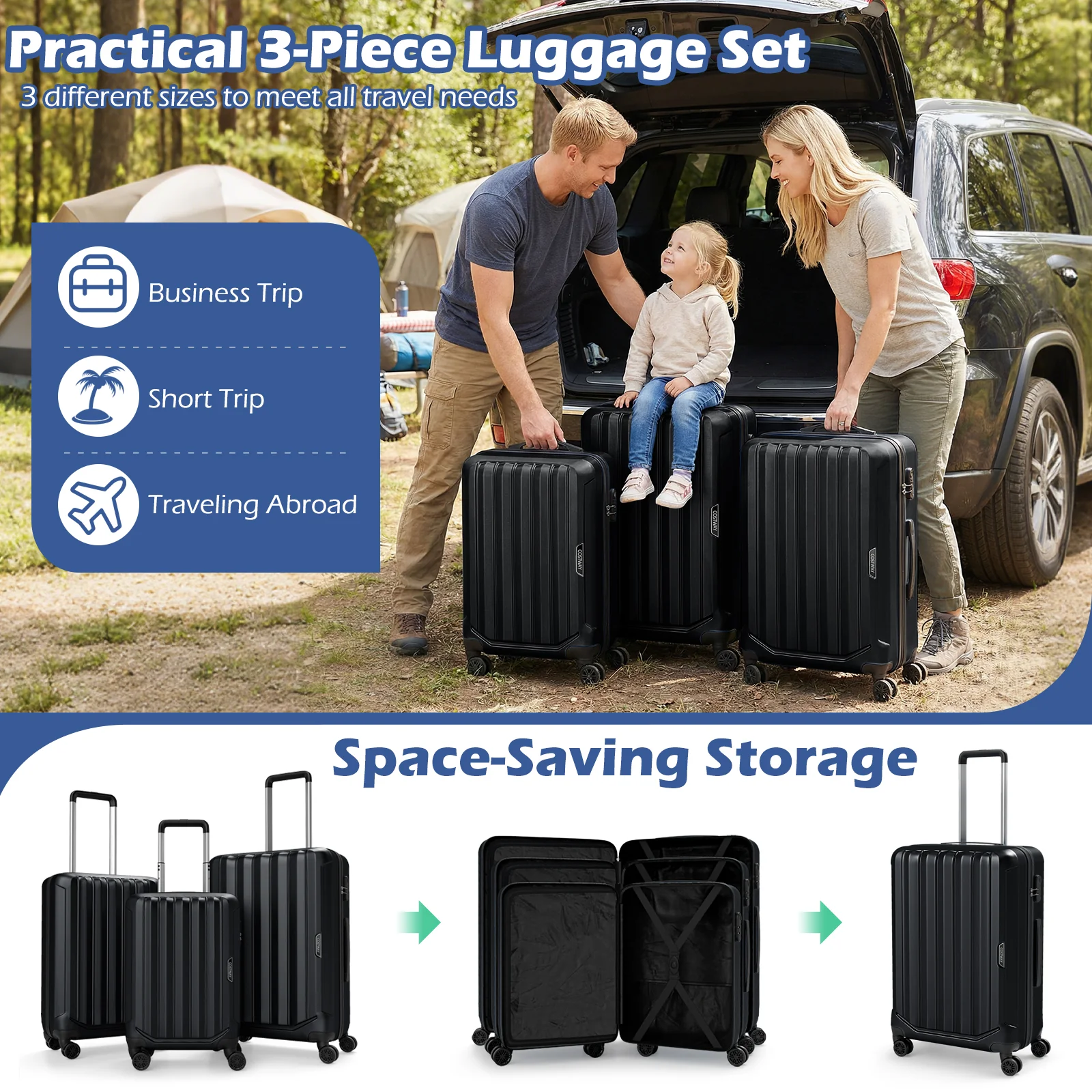 3-Piece Hardside Luggage Set (20/24/28 Inch) Lightweight with 3-Digital Lock, Black - Image 7
