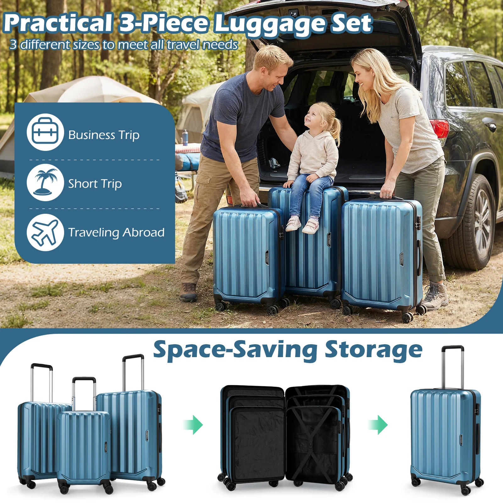 3-Piece Hardside Luggage Set (20/24/28 Inch) Lightweight with 3-Digital Lock, Blue - Image 7