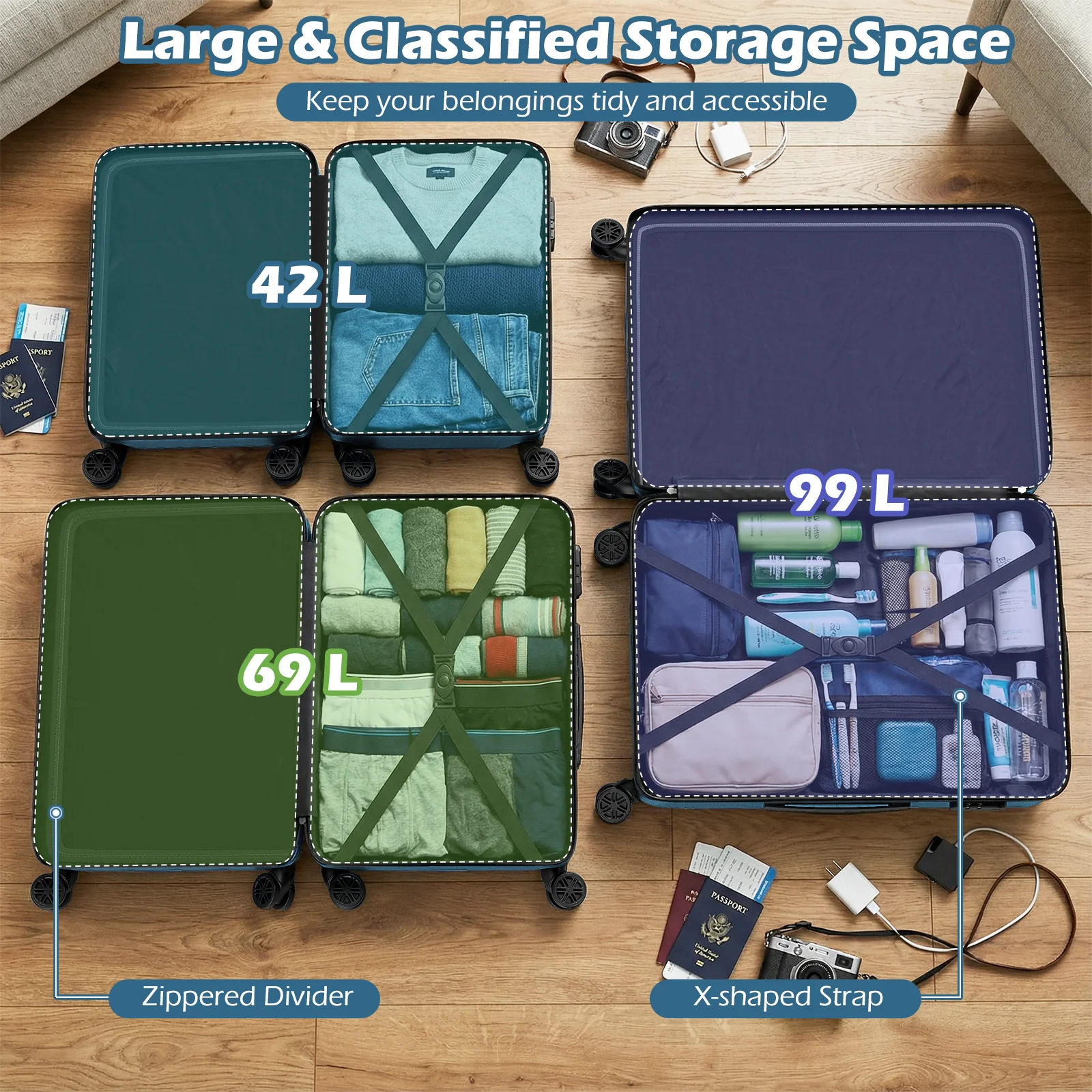 3-Piece Hardside Luggage Set (20/24/28 Inch) Lightweight with 3-Digital Lock, Blue - Image 9