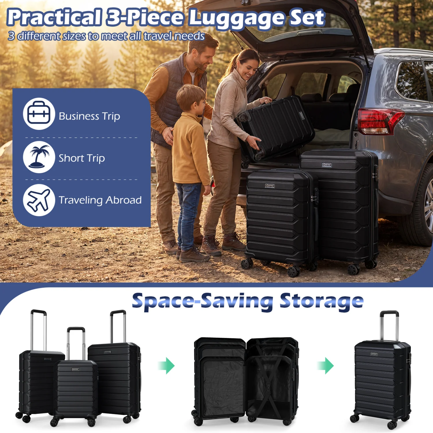 3-Piece Hardside Luggage Set Lightweight Hardside Suitcases with 8-Spinner Wheels, Black - Image 7