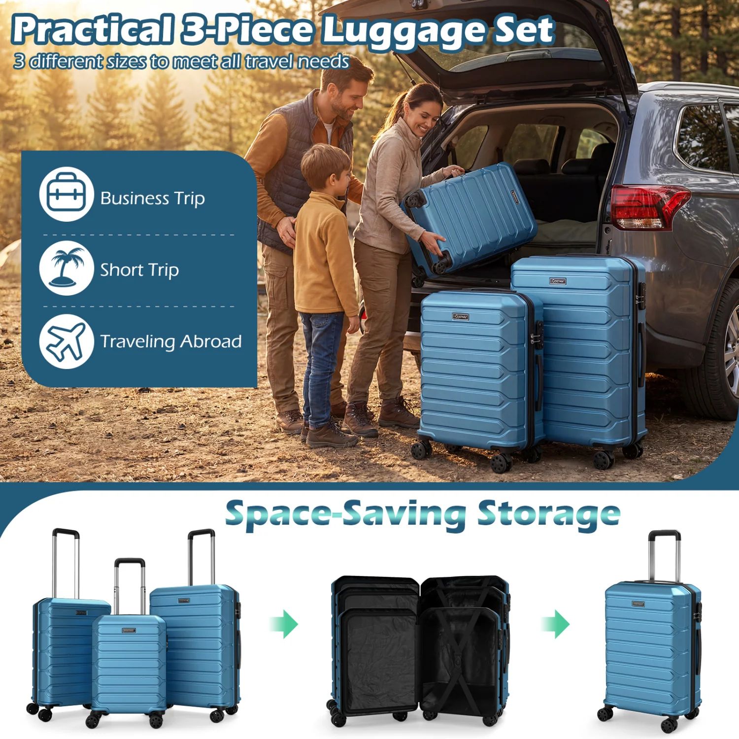 3-Piece Hardside Luggage Set Lightweight Hardside Suitcases with 8-Spinner Wheels, Blue - Image 7