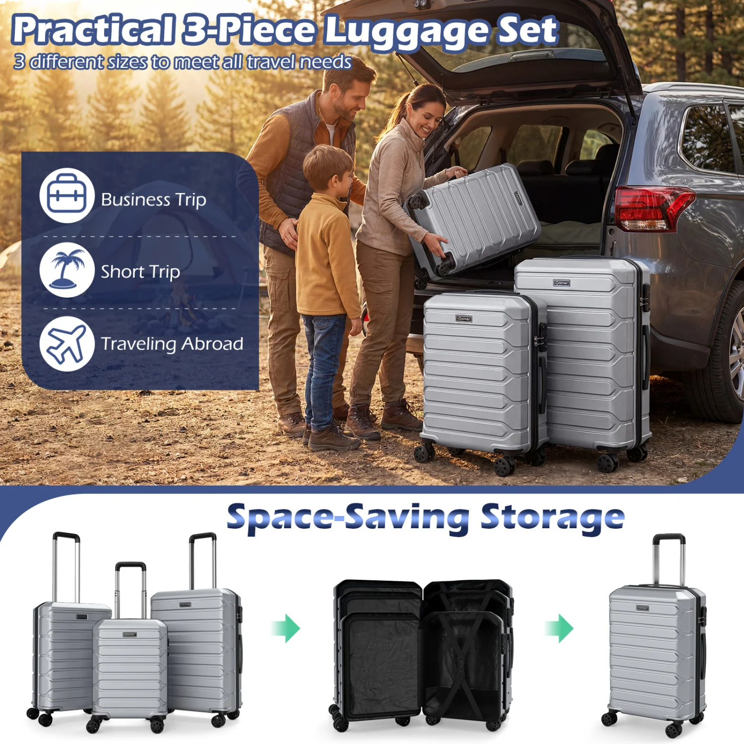 3-Piece Hardside Luggage Set Lightweight Hardside Suitcases with 8-Spinner Wheels-Grey, Gray - Image 7