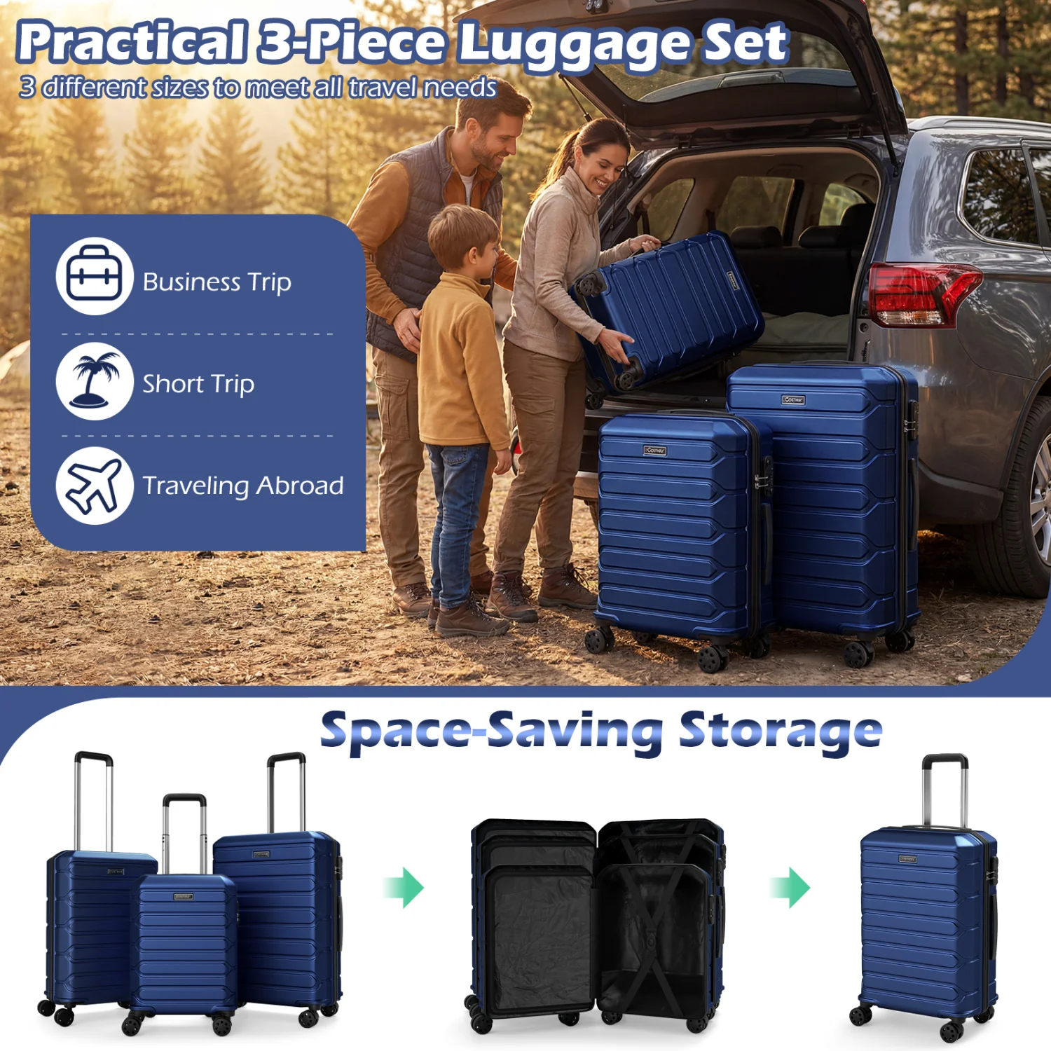 3-Piece Hardside Luggage Set Lightweight Hardside Suitcases with 8-Spinner Wheels, Navy - Image 7
