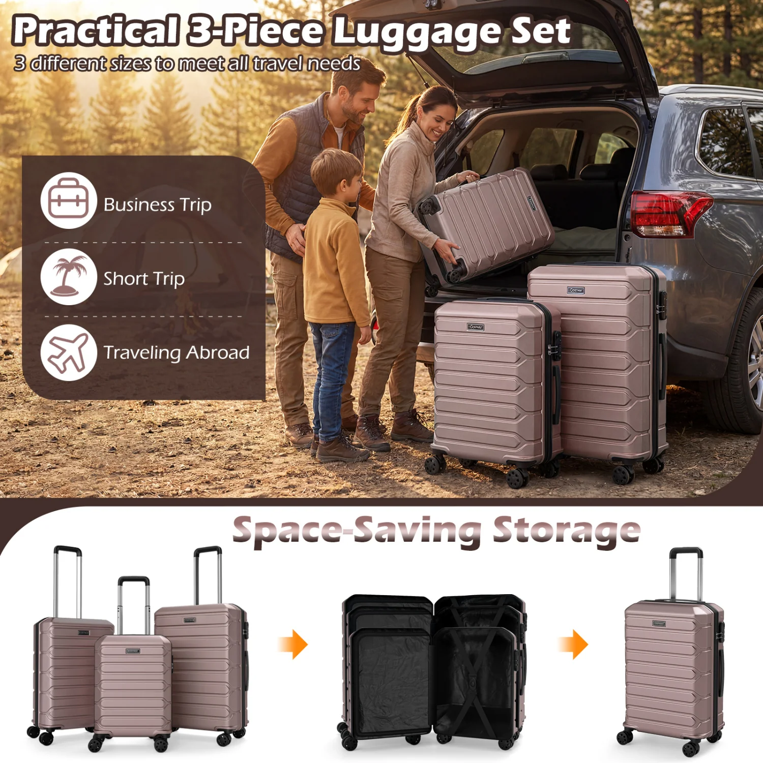 3-Piece Hardside Luggage Set Lightweight Hardside Suitcases with 8-Spinner Wheels, Pink - Image 7