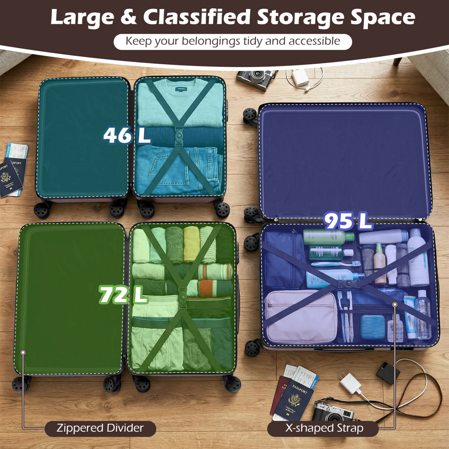 3-Piece Hardside Luggage Set Lightweight Hardside Suitcases with 8-Spinner Wheels, Pink - Image 9